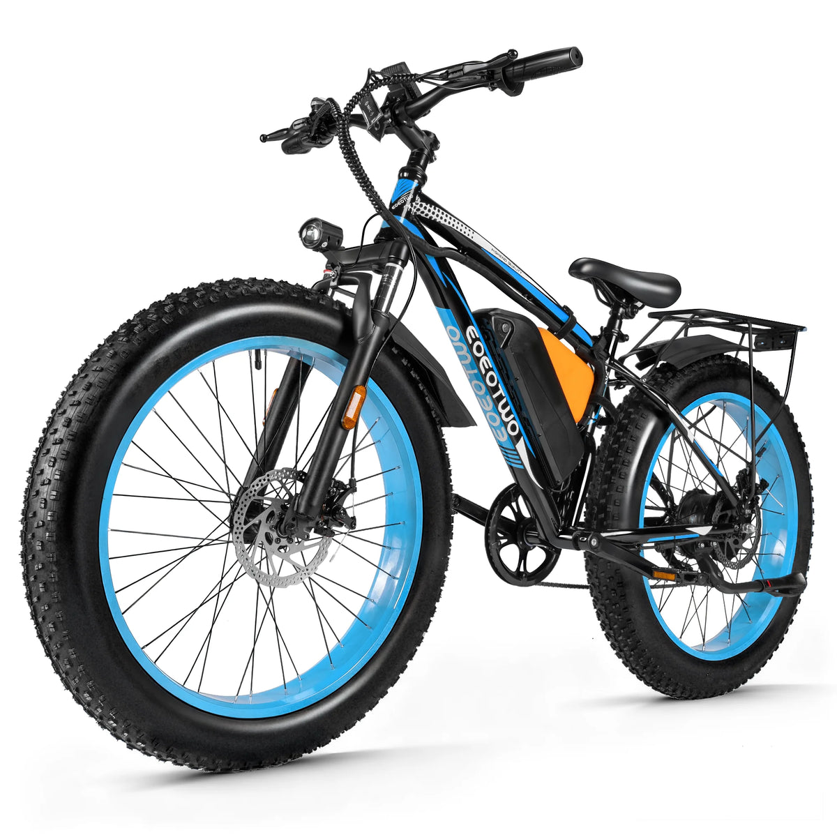26-inch fat-tire electric bike with blue rims, black frame, orange battery, and rear rack