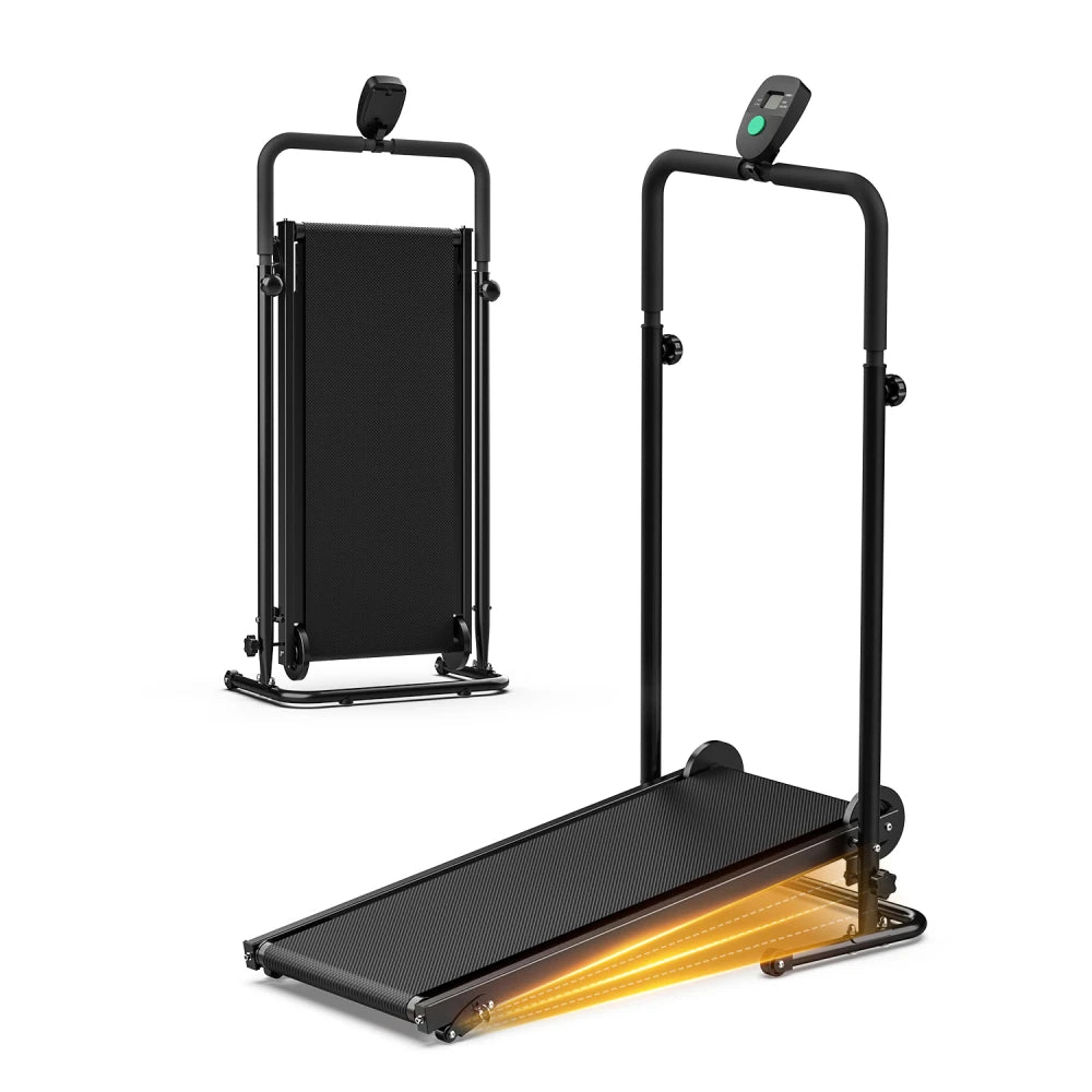 Akluer non-motorized foldable treadmill with dual flywheels, incline, LCD monitor, slip-resistant belt, foam grips