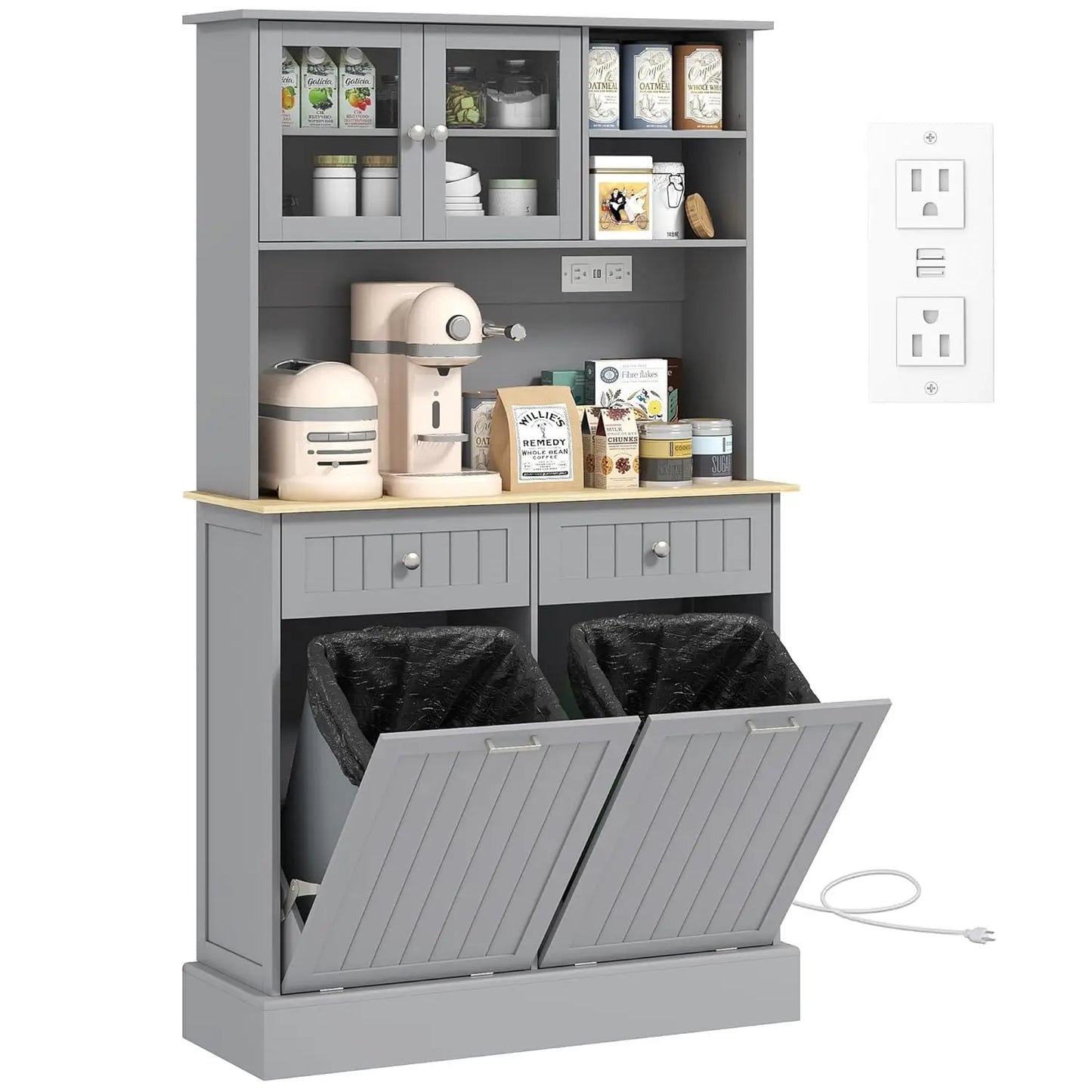 68" Kitchen Pantry Storage Cabinet with Charging Station, 2 Tilt Out 10 Gallon Trash Can Cabinets and Drawers,, Customized by S And B Enterprise