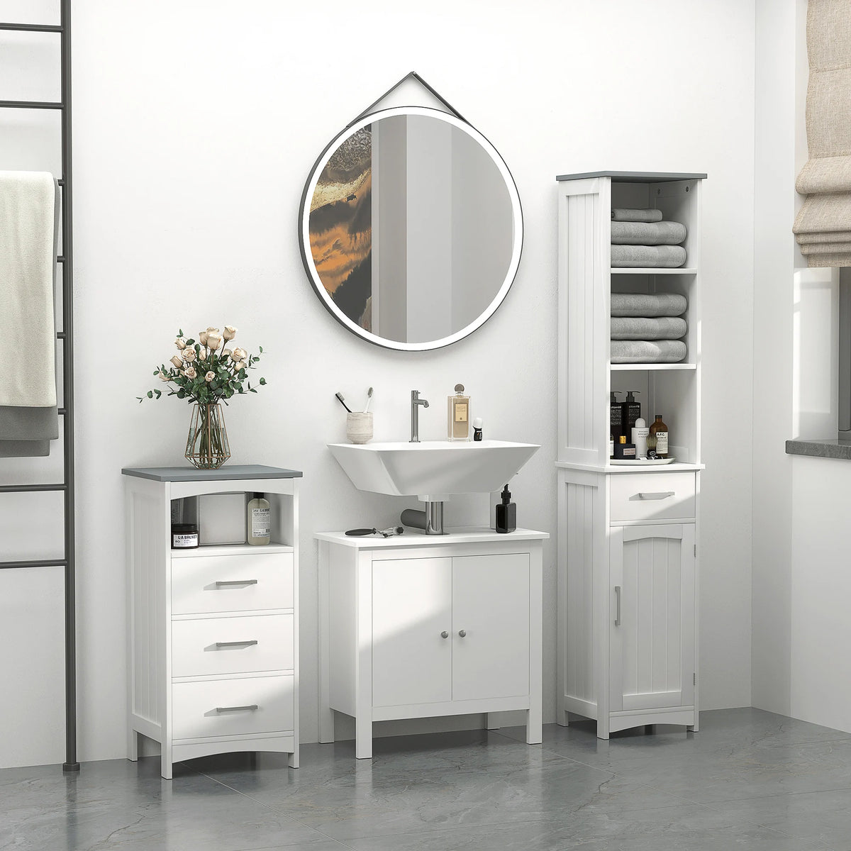 White tall bathroom storage cabinet set (4 pieces) with a slim linen tower and matching drawer cabinets