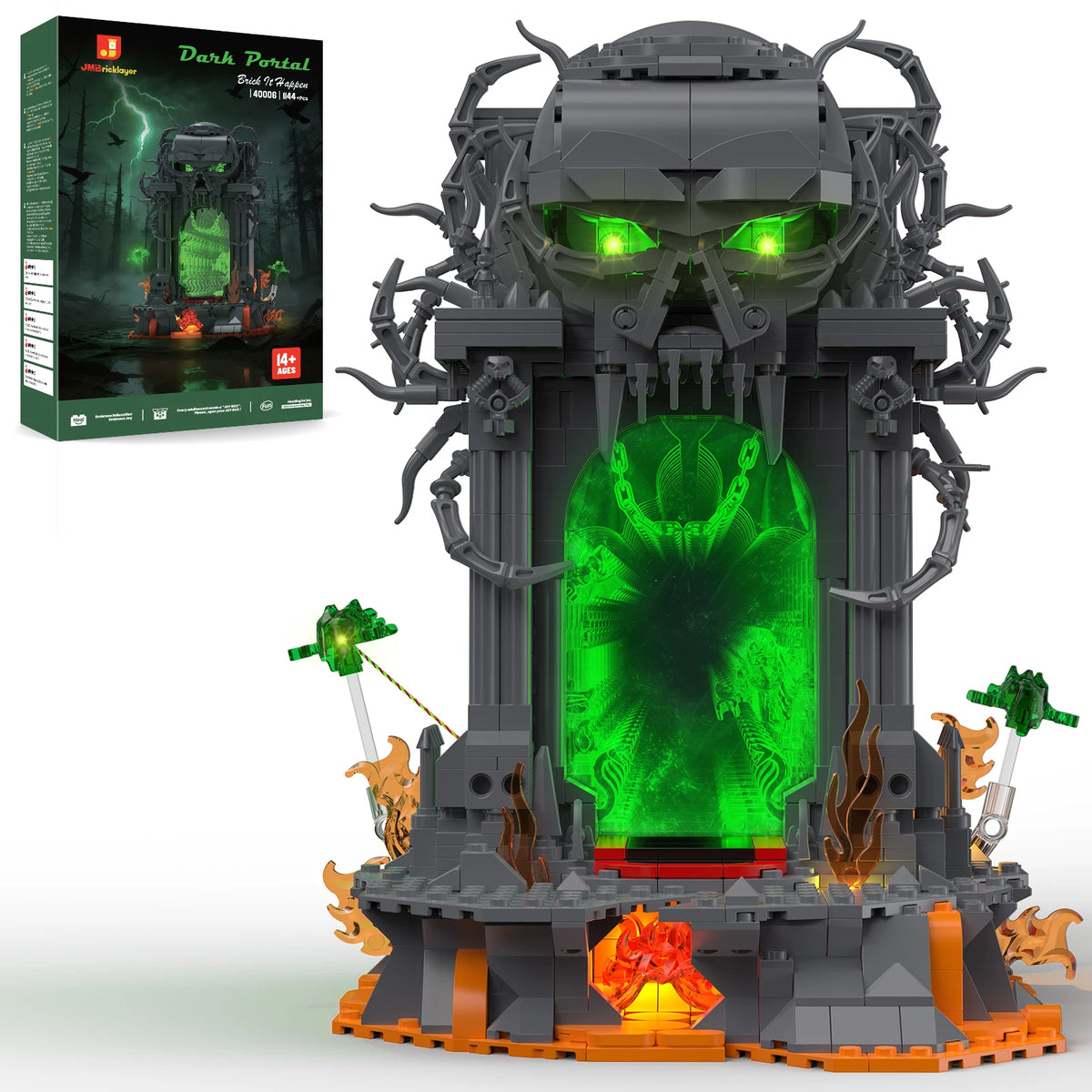 JMBricklayer Dark Portal LED light-up building blocks kit with gray gothic skull gate and green portal, 1144 pieces.