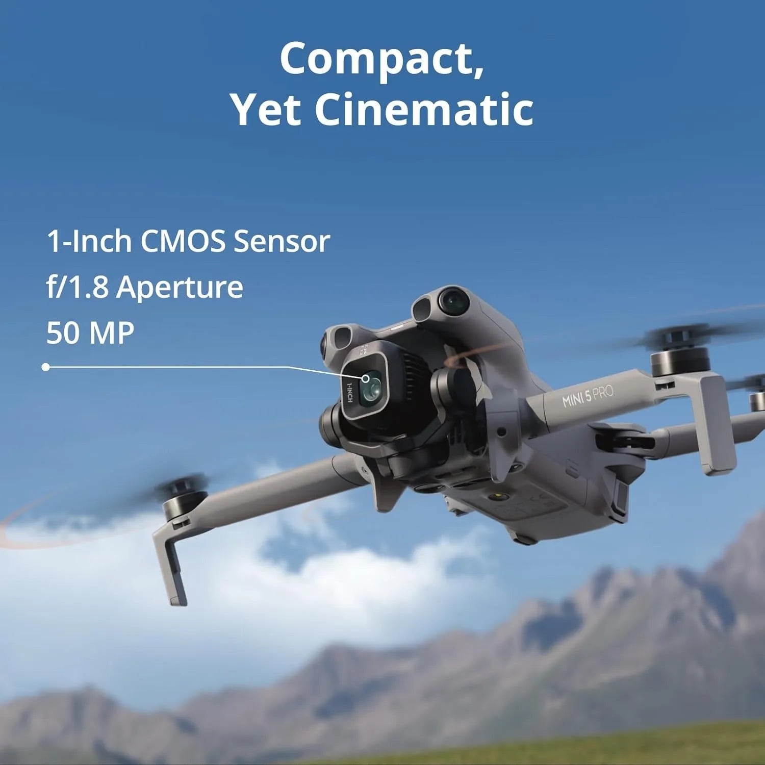 DJI Mini 5 Pro drone with 1-inch CMOS sensor and 50 MP camera in flight
