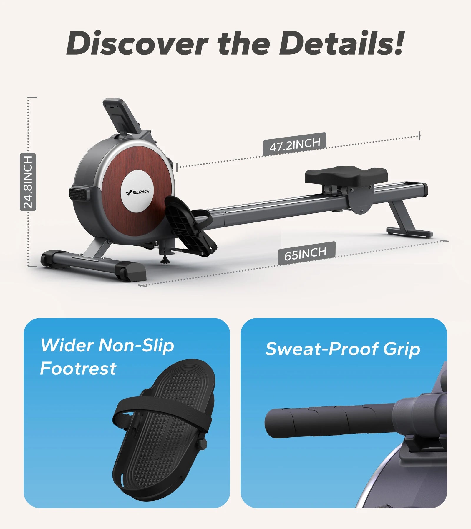 MERACH magnetic rowing machine with dual slide rails, wood-finish flywheel cover, gray frame