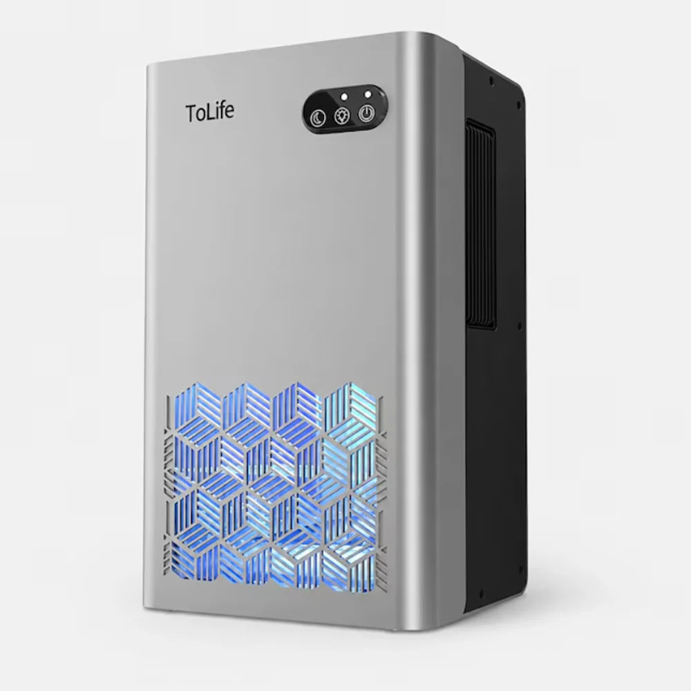 Quiet portable dehumidifier by ToLife; compact silver electric moisture remover with auto shutoff.