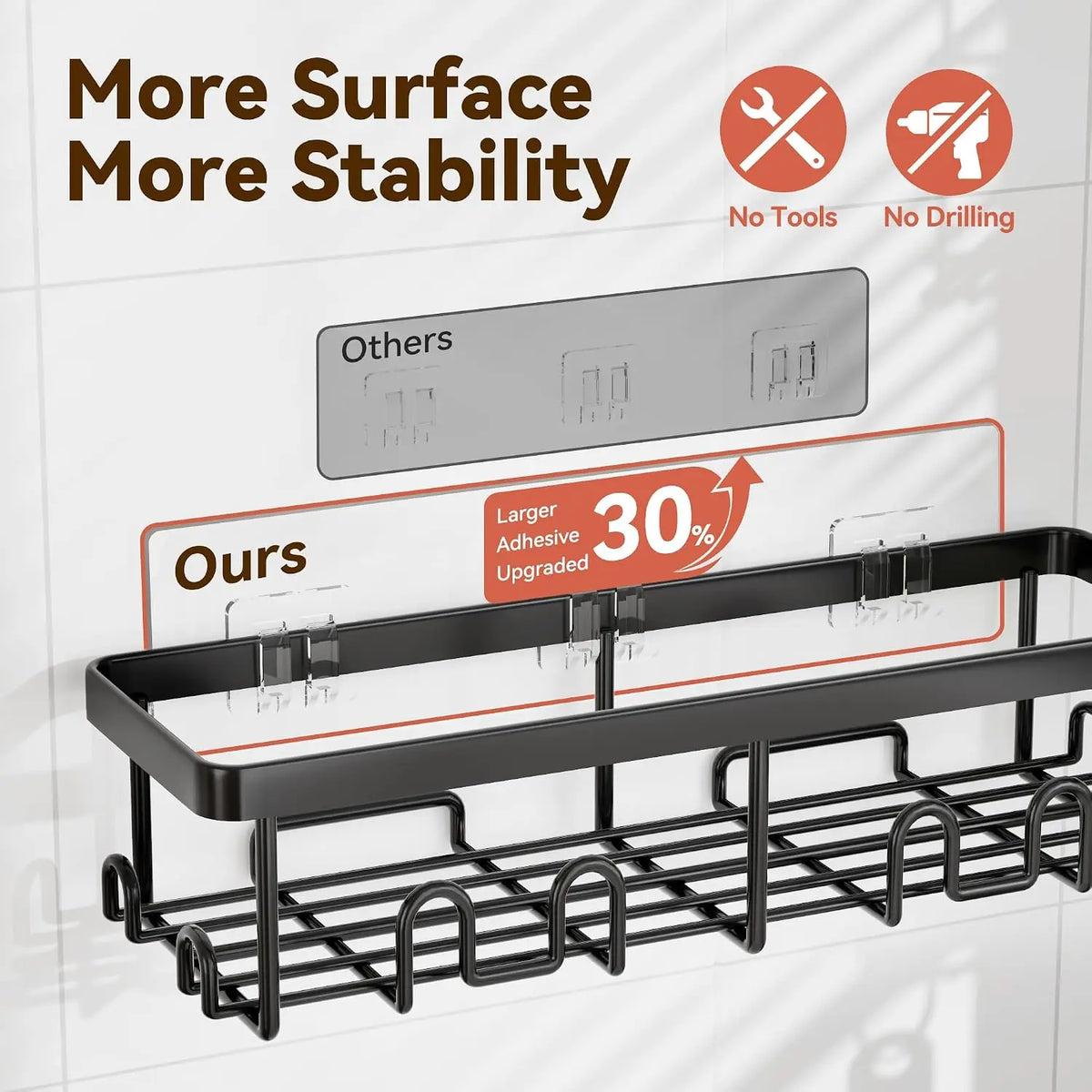 Shower caddy by S And B Enterprise; no-drill adhesive wall mount, 304 stainless steel, black rack with hooks