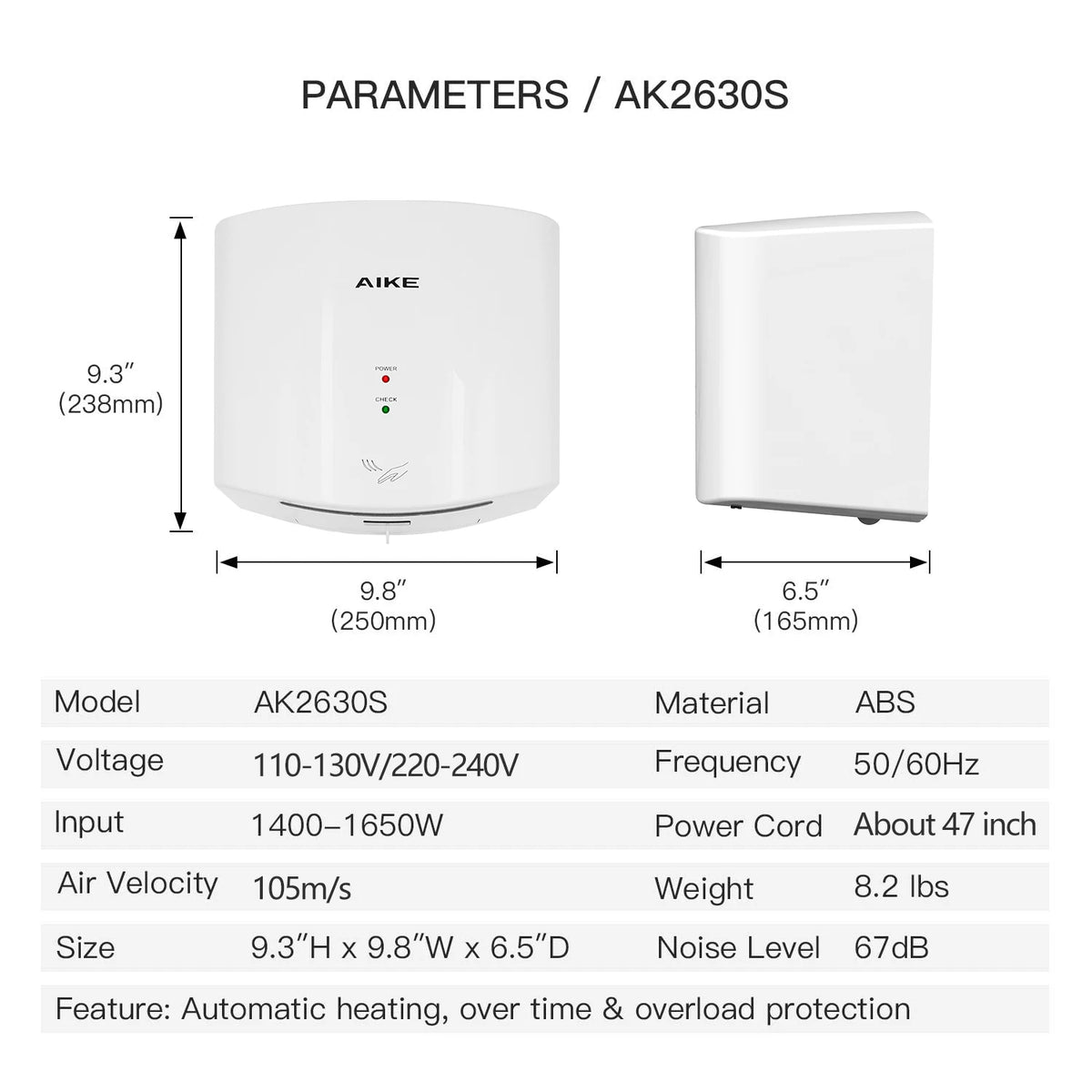 AIKE AK2630S automatic sensor hand dryer in white ABS, shown in front and side views