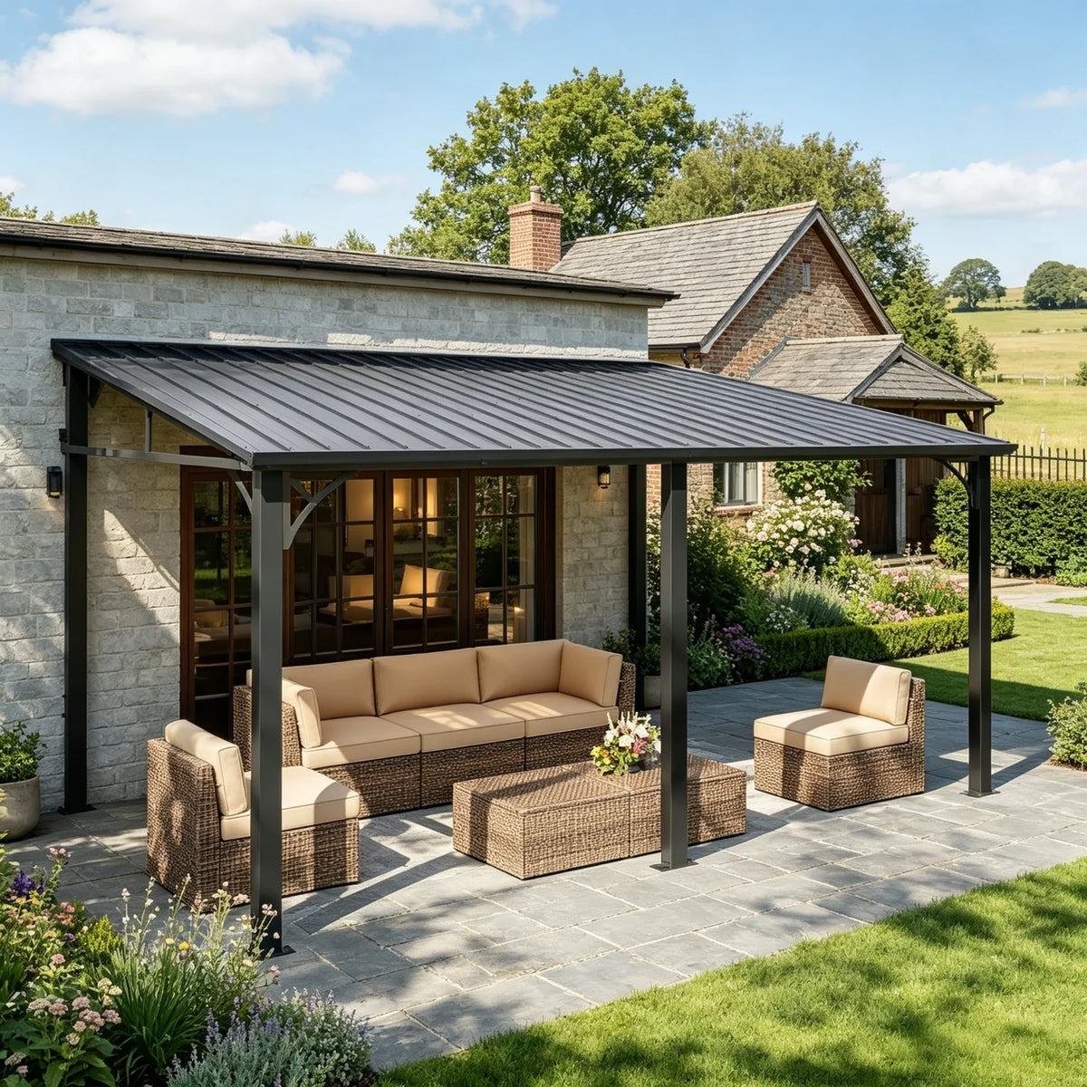 Nordivale 10'x14' wall-mounted pergola gazebo with dark galvanized steel sloped roof over a patio, wicker furniture.