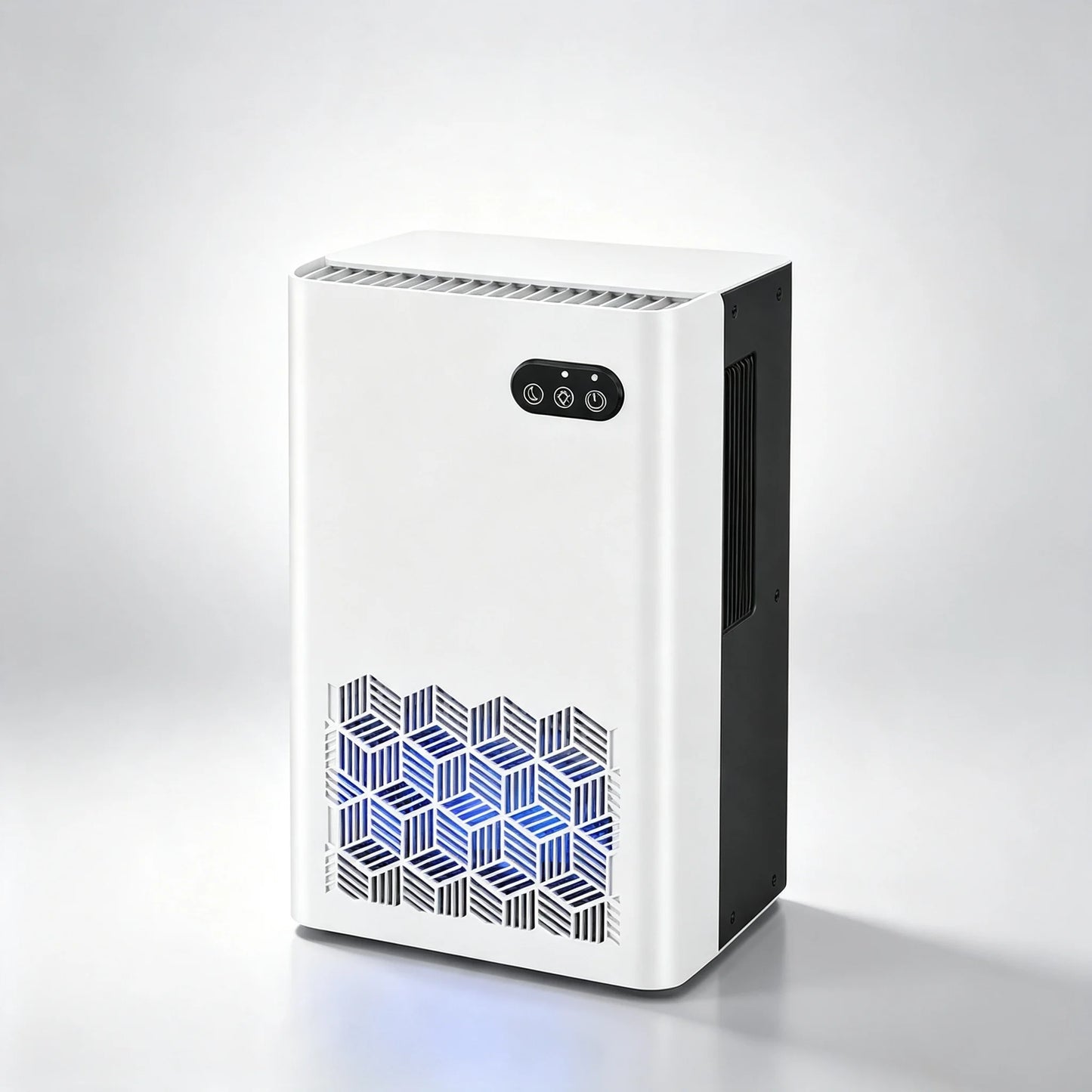 S And B Enterprise quiet portable dehumidifier, white with geometric lattice front vent.