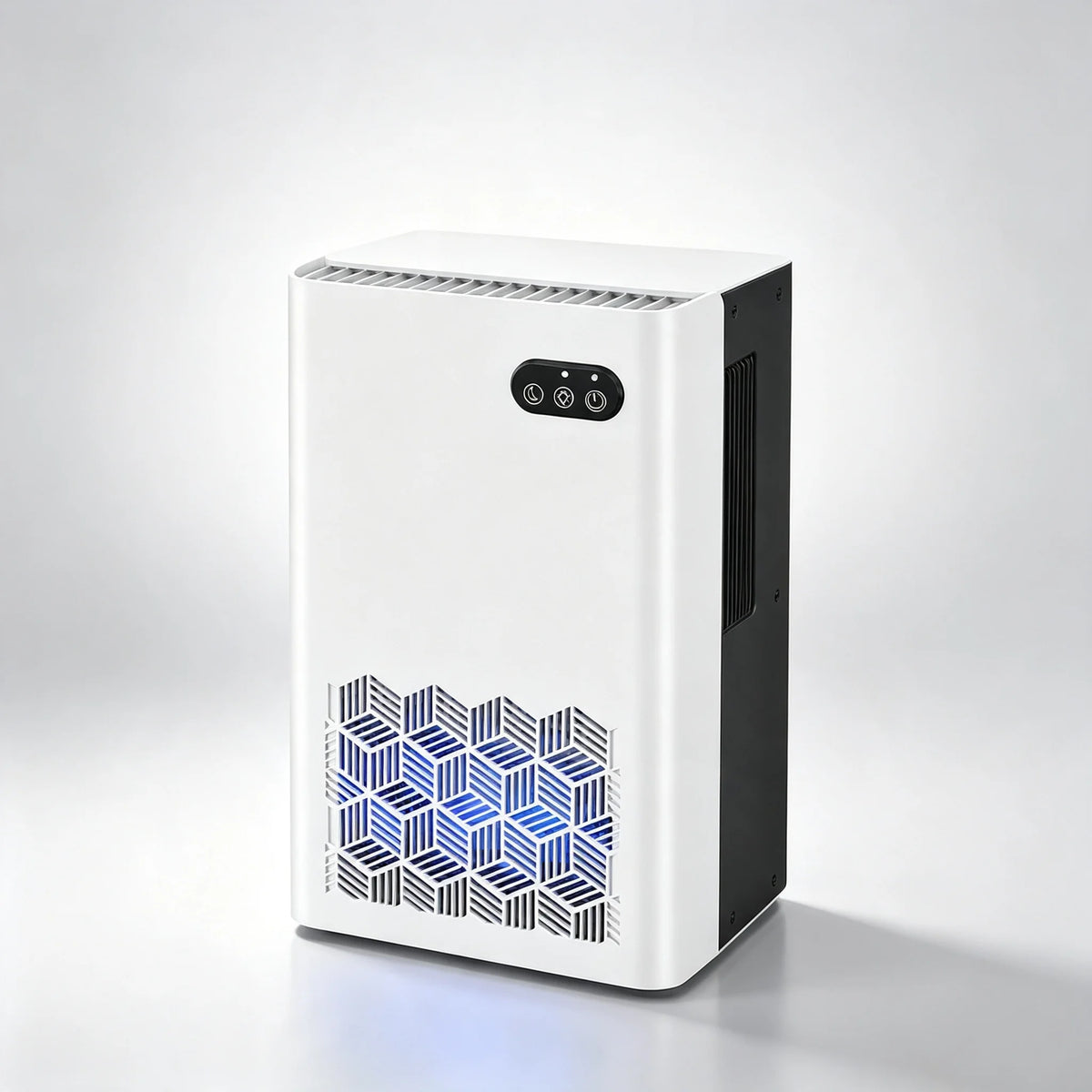 S And B Enterprise quiet portable dehumidifier, white with geometric lattice front vent.