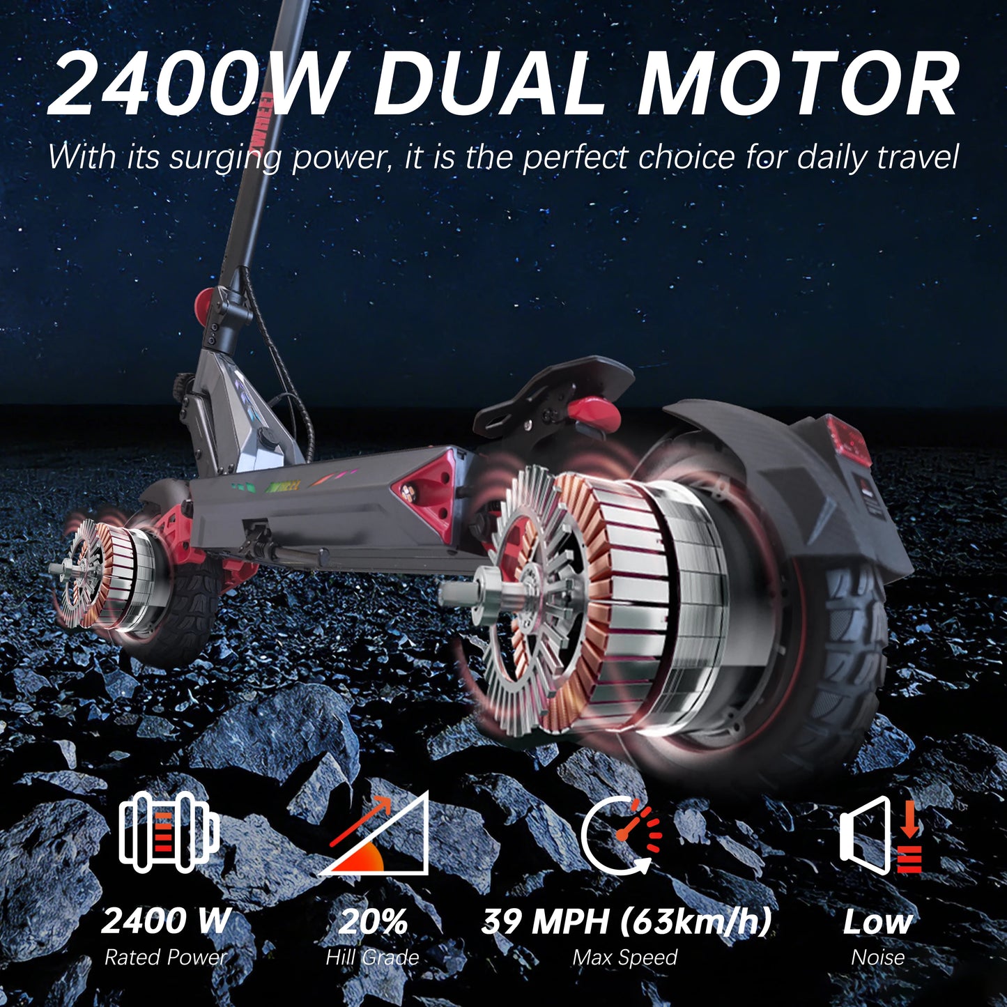 ZWHEEL D3 Dual Motors Electric Scooter 2400W All-wheel Drive Max Speed 39 MPH Max Range 50 Miles 960Wh Battery 1000 Cycles Bluetooth Locking and Unlocking Anti-theft Protection TUYA Smart APP 10''Off-Road Tires Low Noise Perf