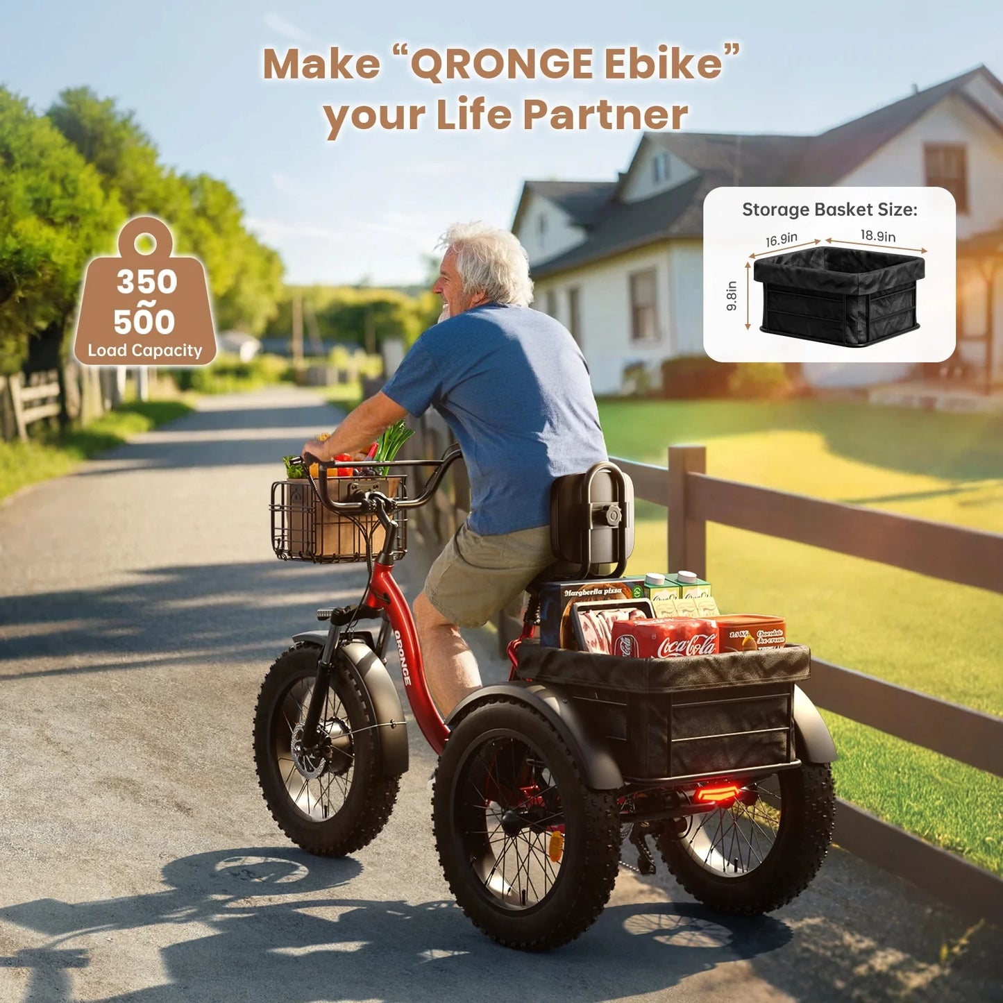 QRONGE Electric Bike For Adults 960W Peak Folding Tricycle