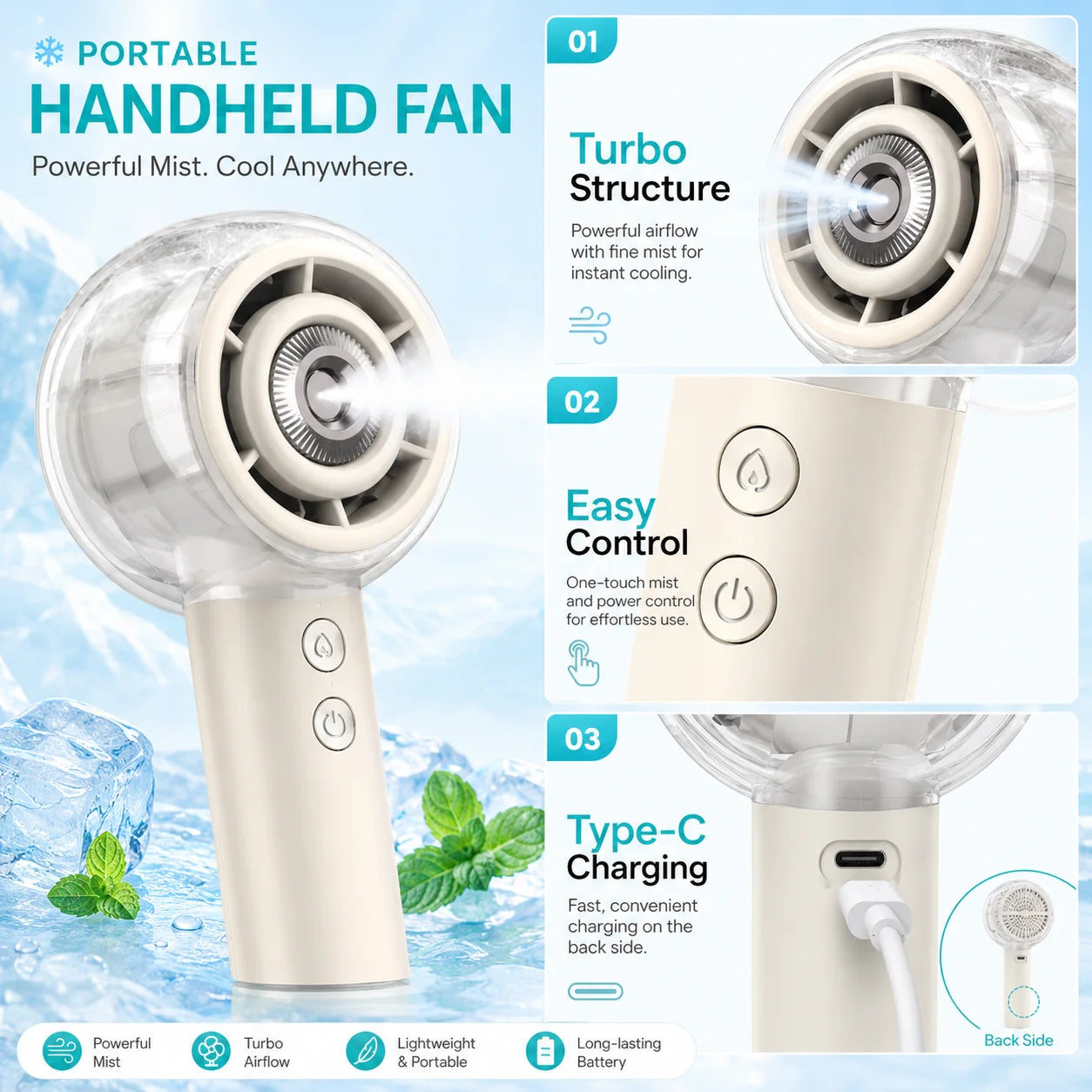 Portable Misting Handheld Fan 6000mAh Rechargeable Battery For Travel by S And B Enterprise