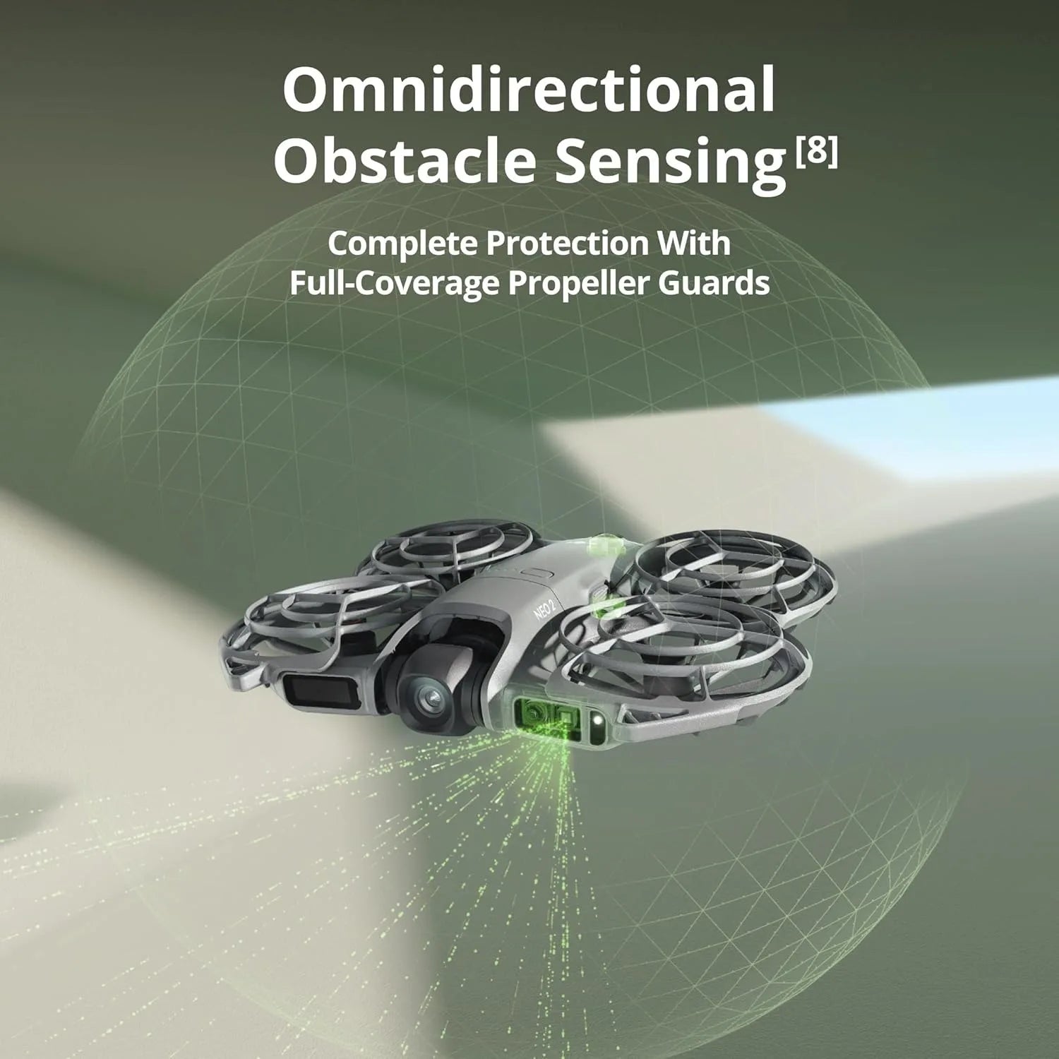 DJI Neo 2 drone with full-coverage propeller guards and omnidirectional obstacle sensing.