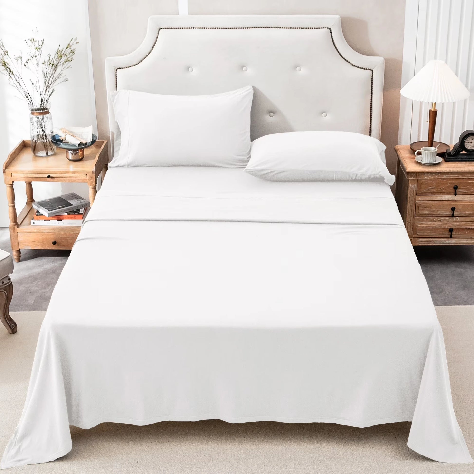 4-Piece 100% Cotton Jersey Knit Sheet Set – Ultra Soft & Breathable Bedding Set with Deep Pocket Fitted Sheet, Flat Sheet & 2 Pillowcases（Without Core） – Wrinkle Free, Machine Washable, Secure Fit & Cozy Comfort for A by S And B Enterprise