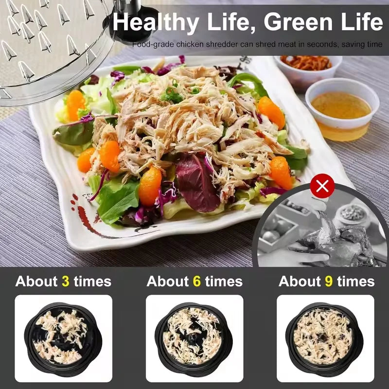 S And B Enterprise multi-functional chicken shredder; shredded chicken on salad with demo trays showing 3, 6 and 9 times