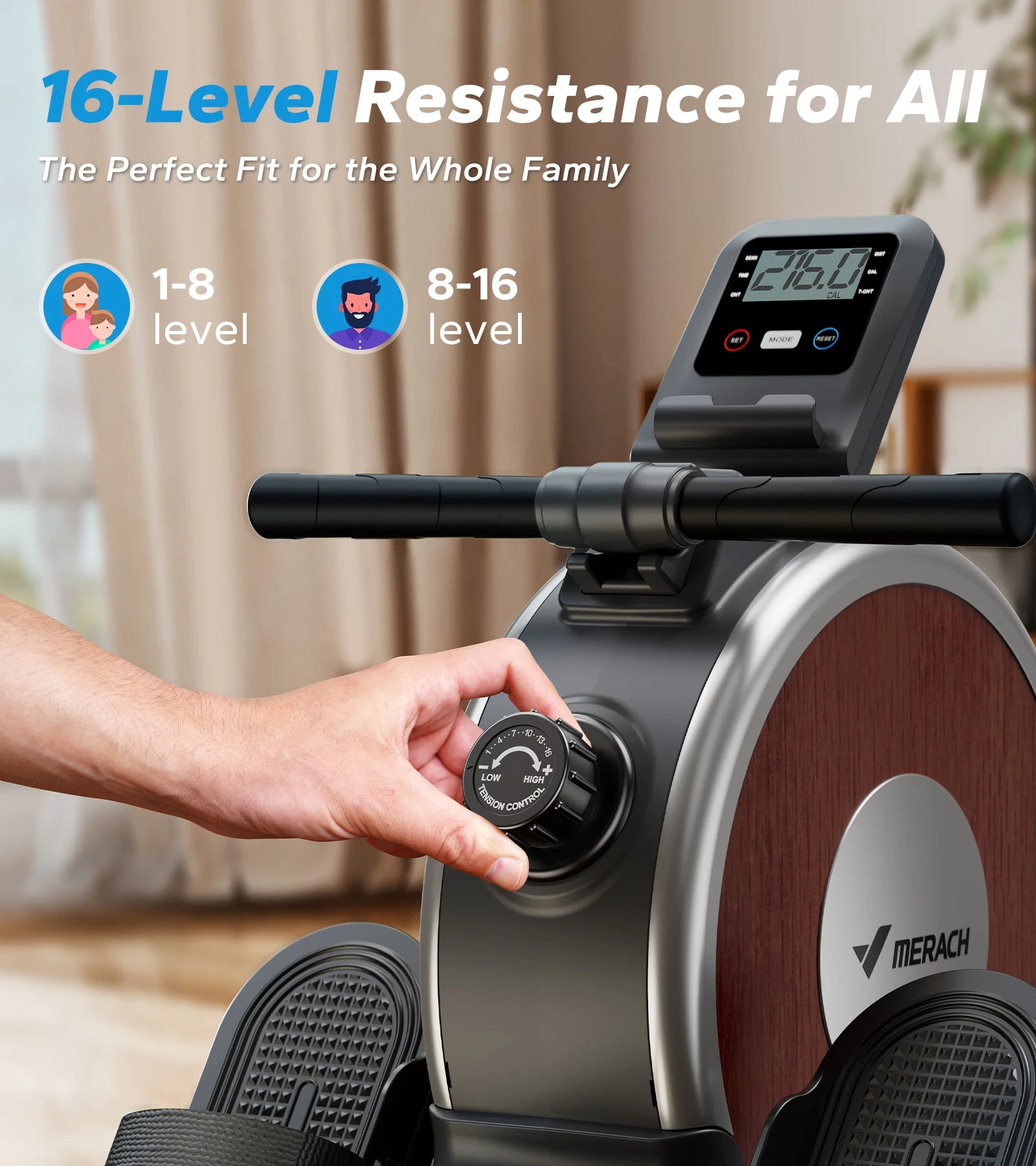 MERACH rowing machine for home with magnetic resistance, 16 levels, and digital display
