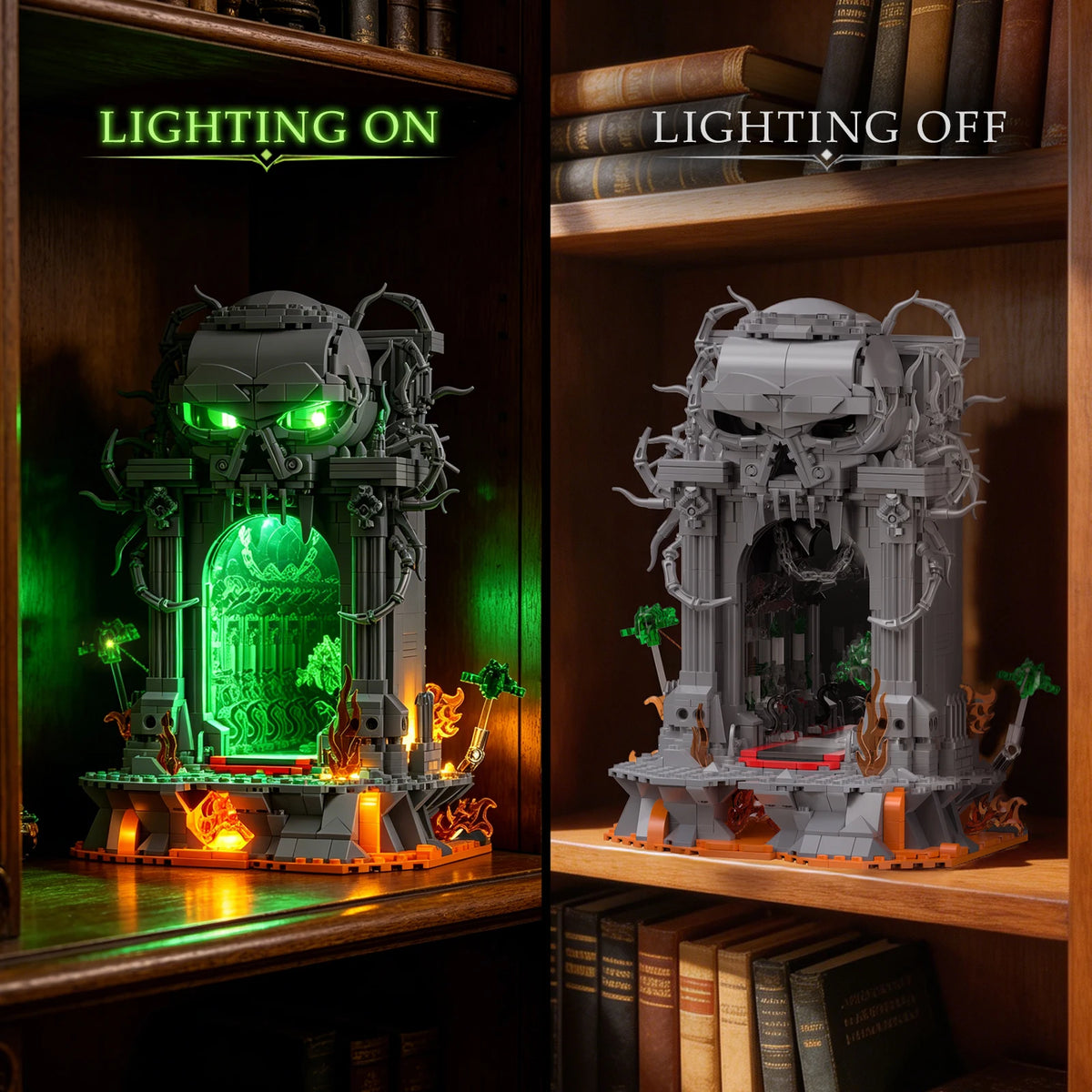 JMBricklayer 1144PCS Dark Portal LED kit by S And B Enterprise; gothic skull gate with green light on left, unlit right.