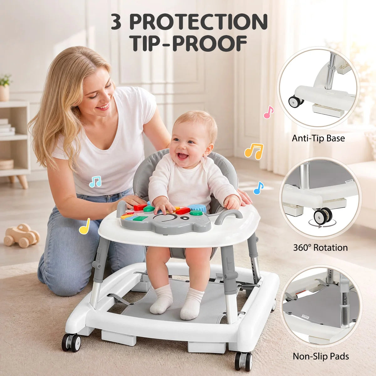 5-in-1 baby walker by S And B Enterprise with adjustable height, foldable activity center and music toys, white-gray