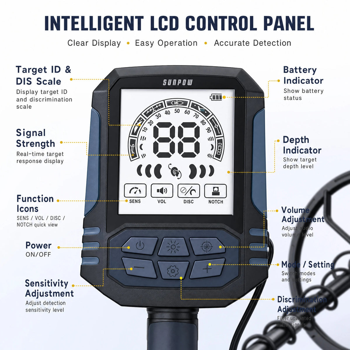 SUNPOW metal detector with intelligent LCD control panel, IP68 waterproof, black body