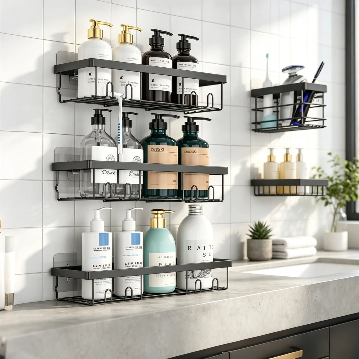 No-Drill 304 stainless steel shower caddy by S And B Enterprise, 2-tier wall mount with hooks, rust-proof