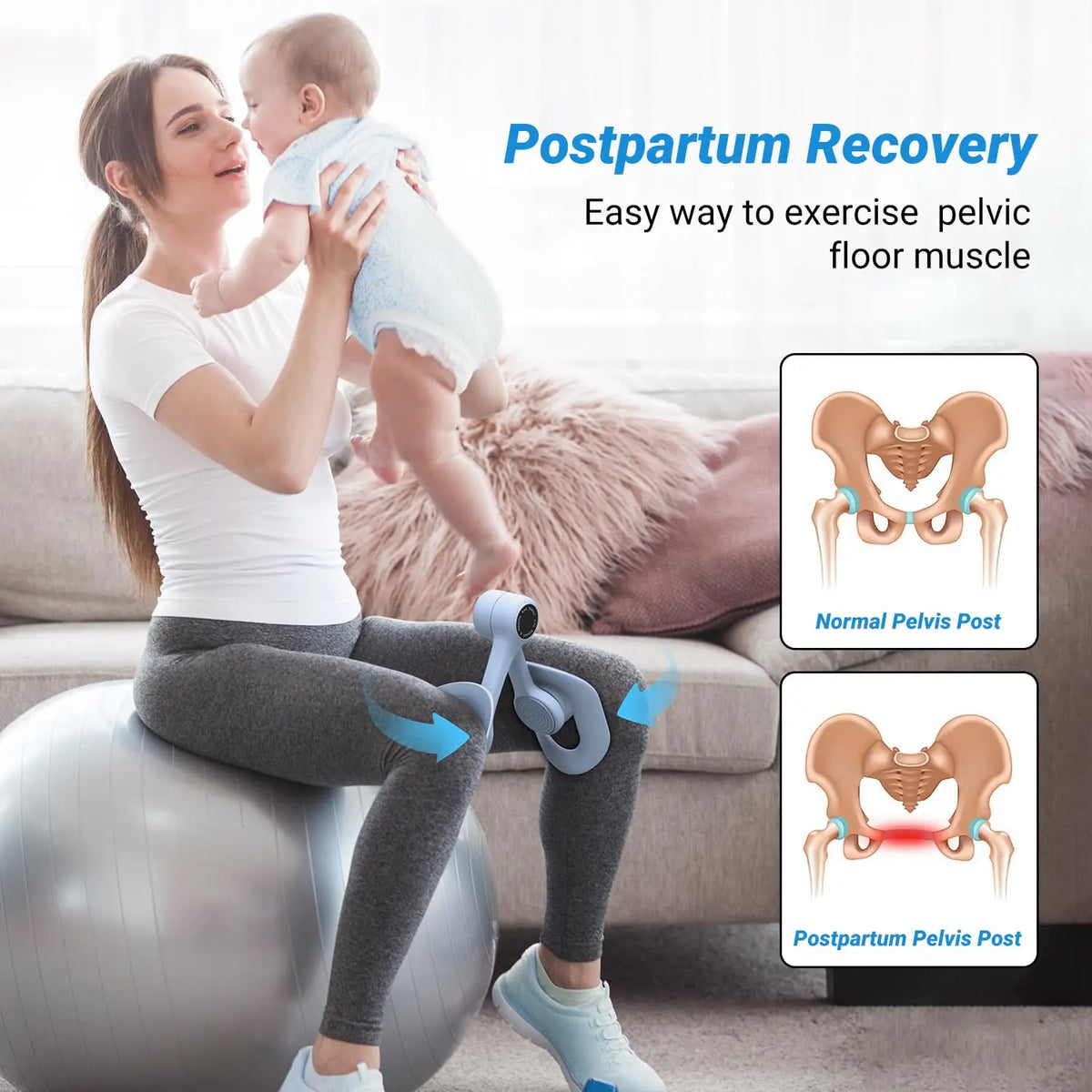 MERACH blue pelvic floor muscle trainer worn on the thighs during a home workout with a woman and baby.
