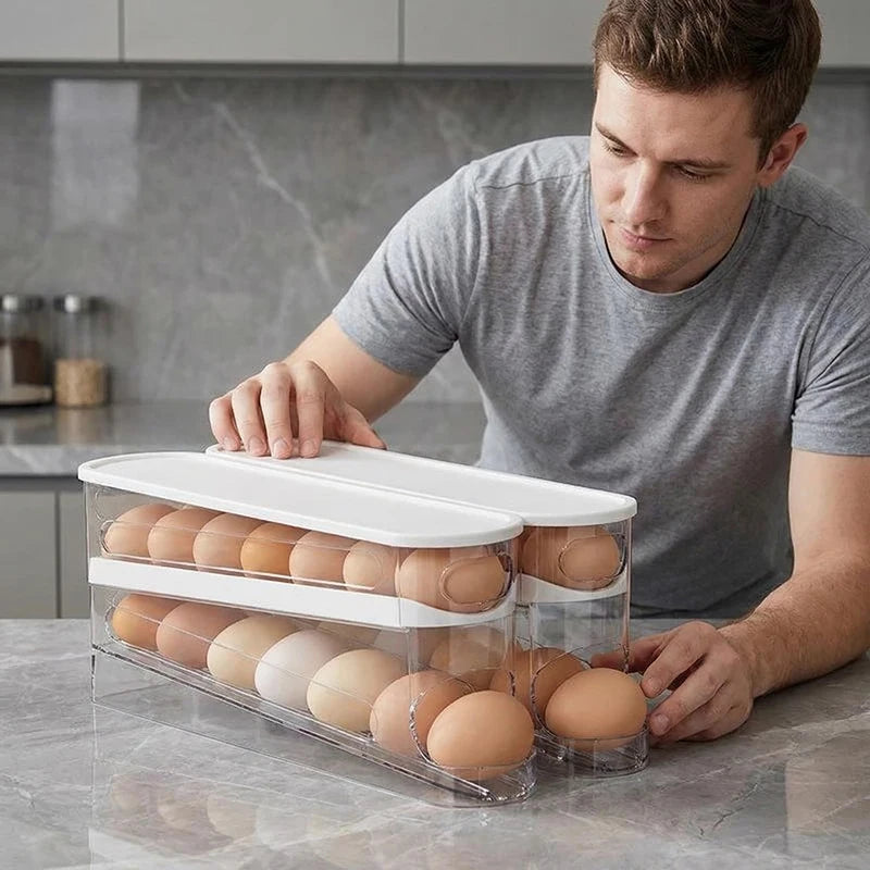 Bilayer Fridge Egg Storage Box Automatic Rolling Eggs Holder Rack Ladder Style Refrigerator Eggs Dispenser Egg Organizer Holder