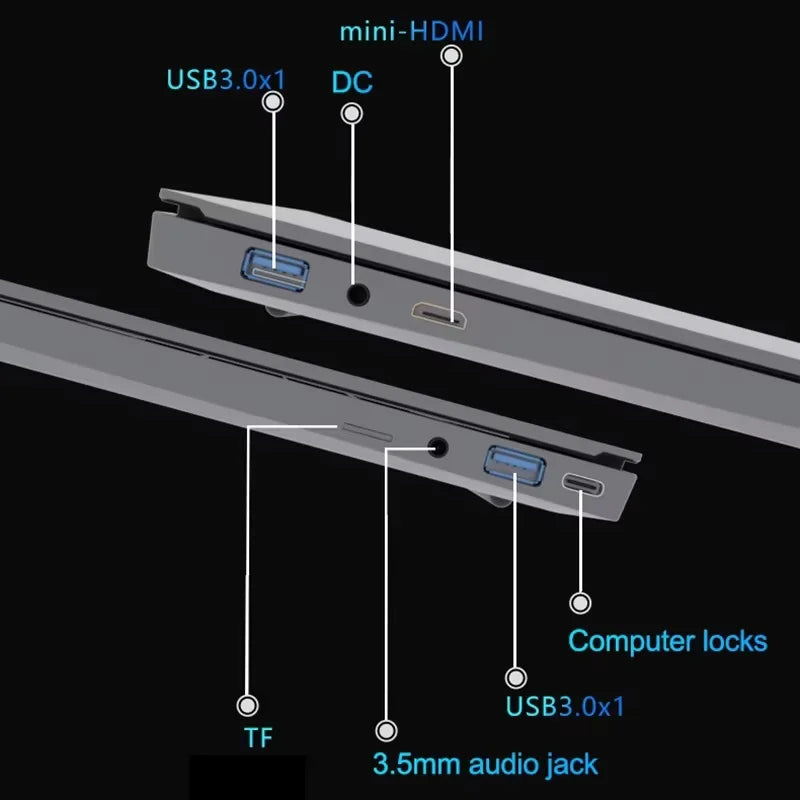 New Ultra Slim Laptop by S And B Enterprise with ports: USB 3.0, mini-HDMI, DC, TF, 3.5mm audio, security lock