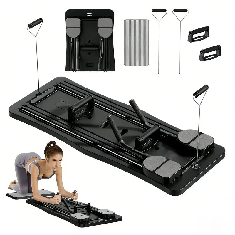 Black foldable Pilates sliding board reformer for home workouts with resistance bands by S And B Enterprise.