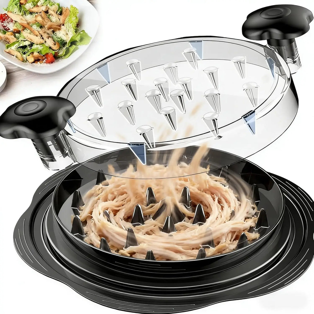 Chicken shredder by S And B Enterprise with clear lid and black handles shredding chicken into threads
