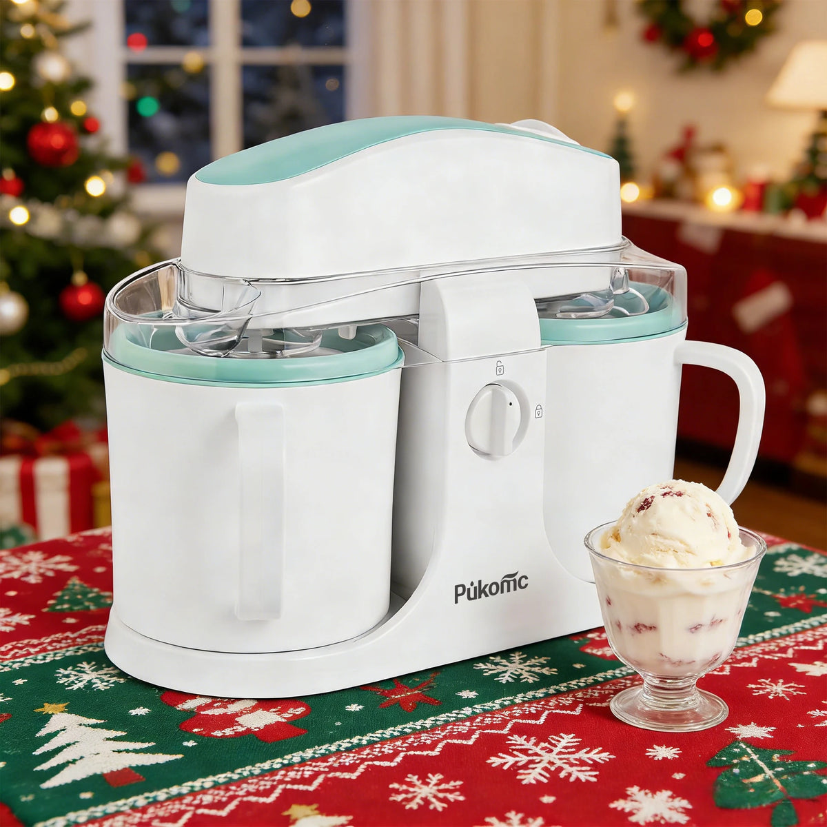 Pukonic dual-cup ice cream and popsicle maker in white with mint teal accents.