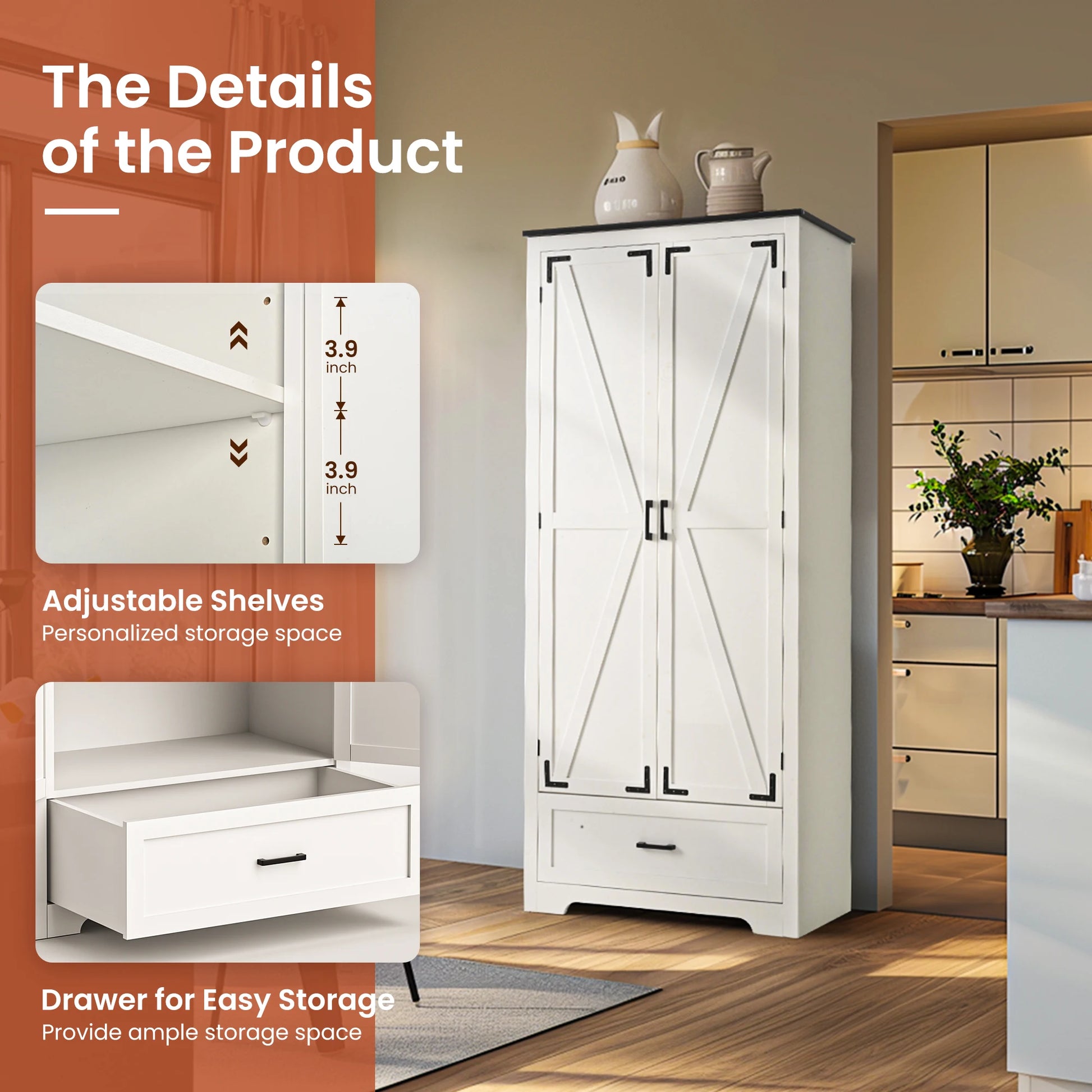 Farmhouse Kitchen Pantry Cabinet Wooden Storage With Drawers And Shelves by S And B Enterprise