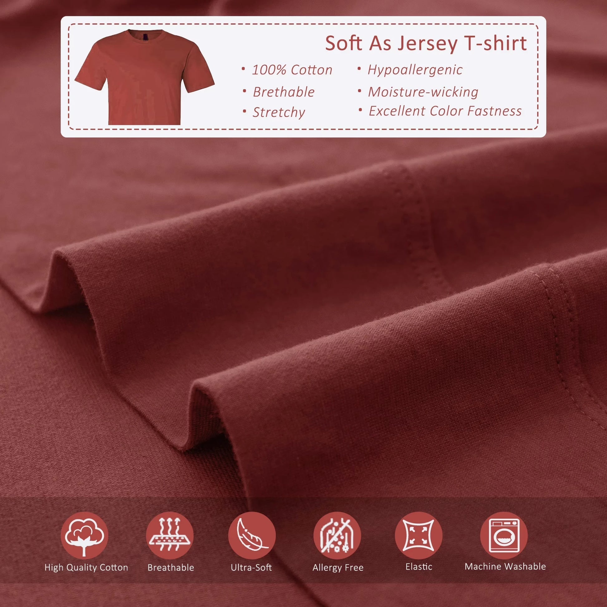 4-Piece 100% Cotton Jersey Knit Sheet Set – Ultra Soft & Breathable Bedding Set with Deep Pocket Fitted Sheet, Flat Sheet & 2 Pillowcases（Without Core） – Wrinkle Free, Machine Washable, Secure Fit & Cozy Comfort for A by S And B Enterprise