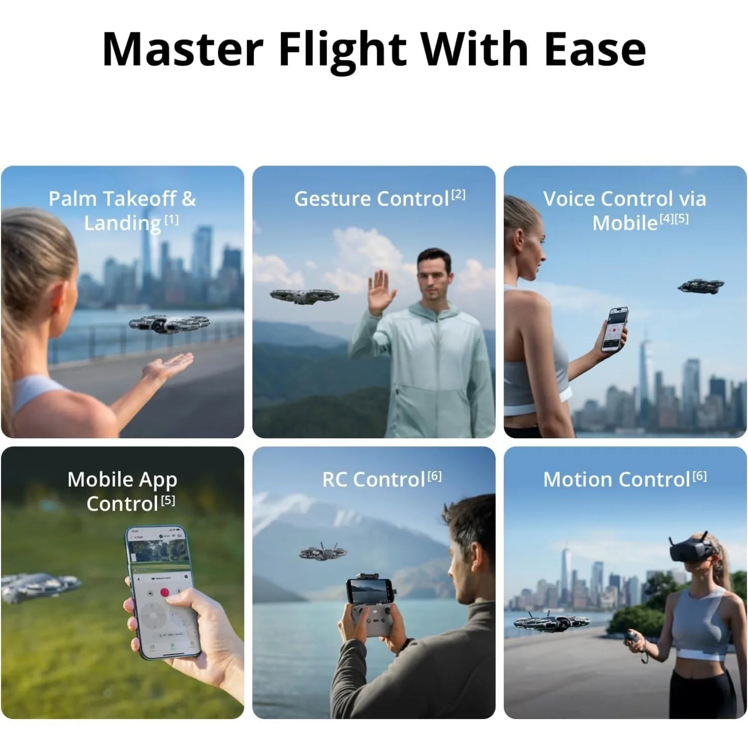 DJI Neo 2 drone collage highlighting palm takeoff & landing, gesture control, and mobile voice control