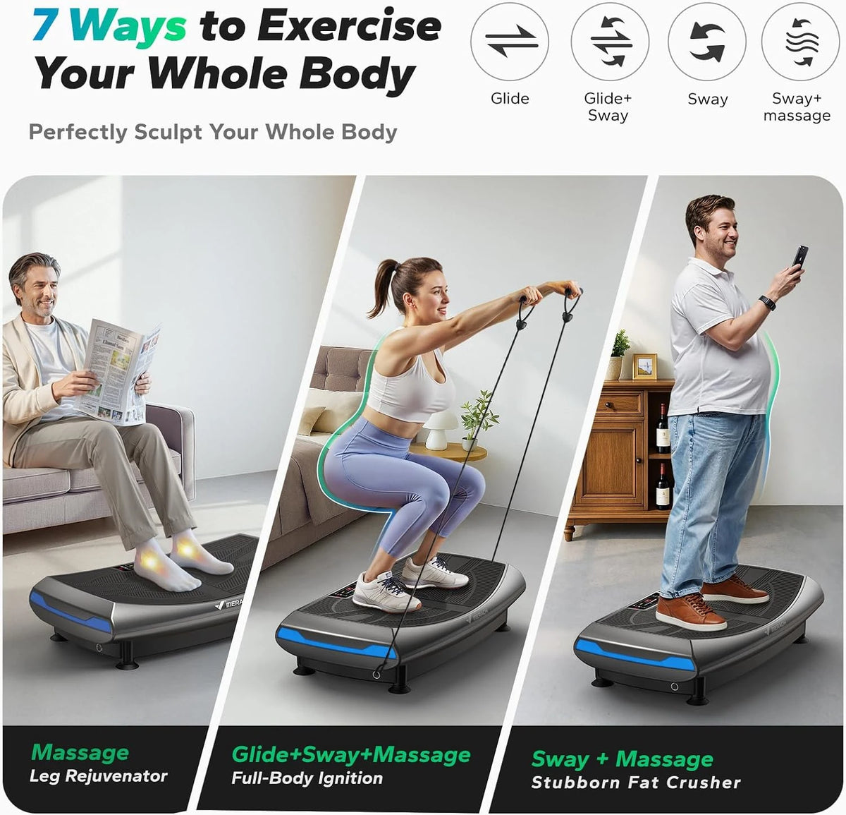 Merach 4D Vibration Plate Exercise Machine Full Body Workout Equipment Shake Board with 450lbs Capacity 120 Speeds 7 Vibrating Modes & 3 Presets 2 Resistance Bands Bluetooth Vibration Fitness Platform for Weight Loss Fat Burn