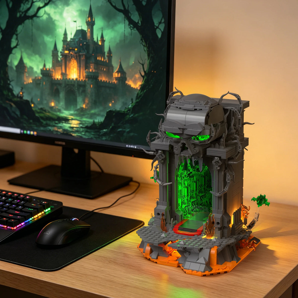 JMBricklayer 1144PCS Dark Portal LED Light-Up Gothic Skull Gate gray building set with green LEDs