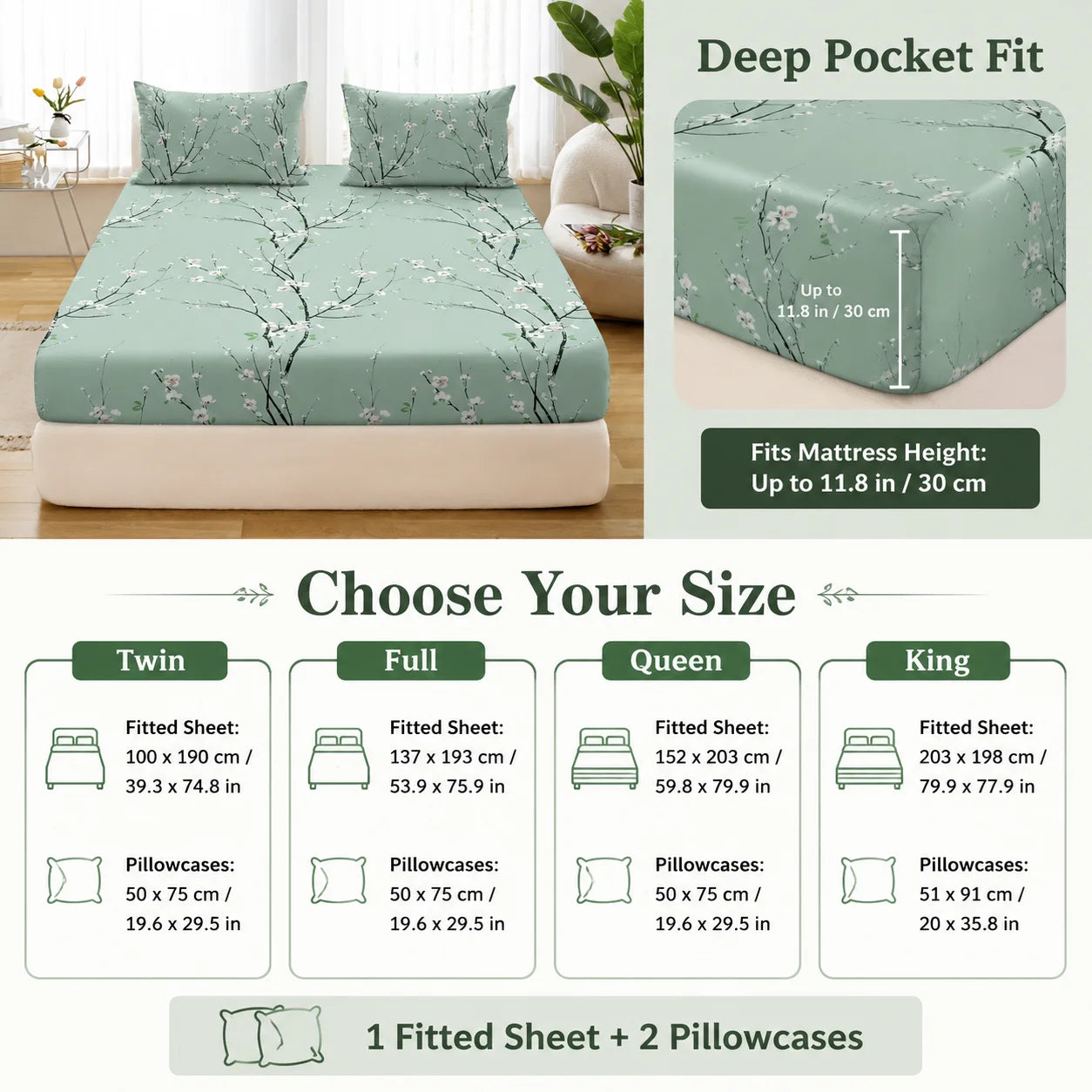 Floral Printed Fitted Sheet Set With 2 Pillowcases Deep Pocket by S And B Enterprise