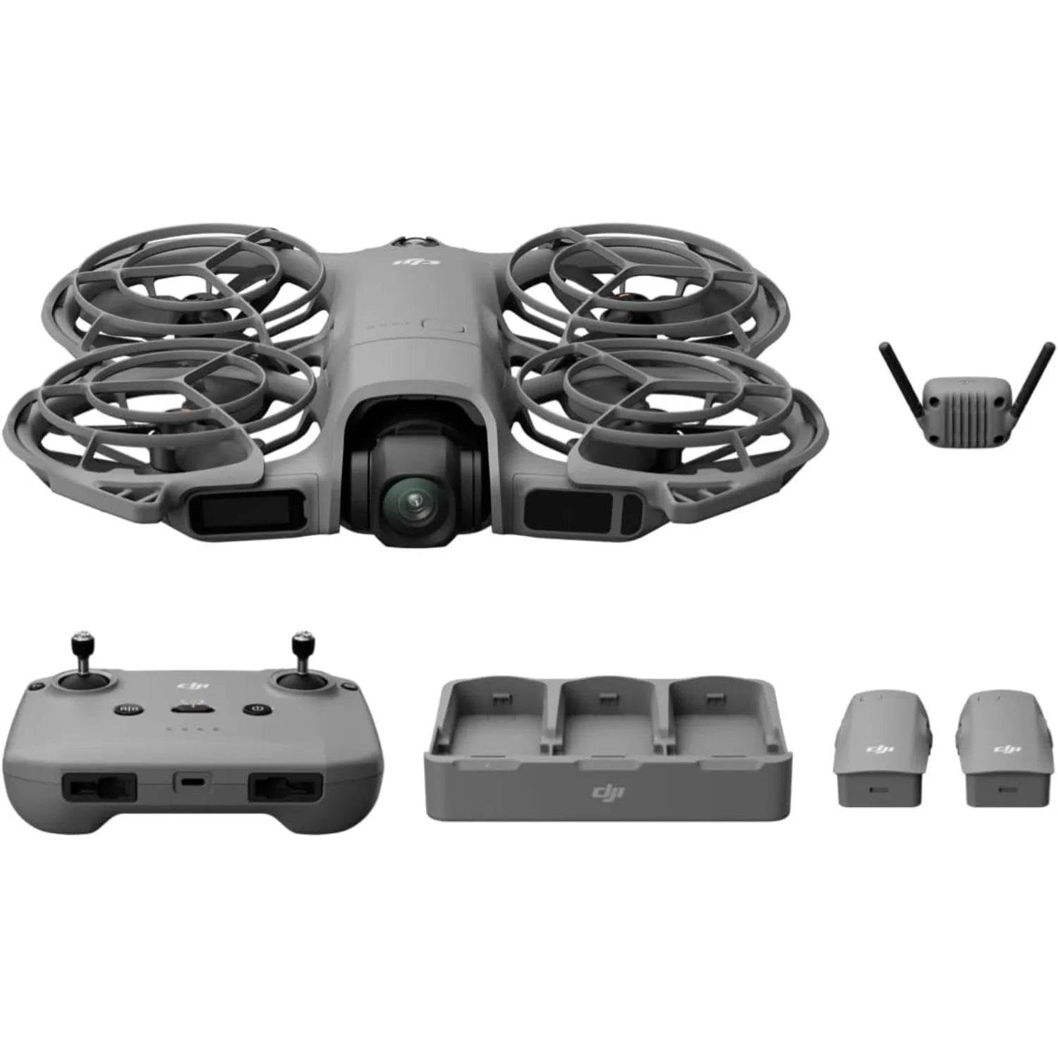DJI Neo 2 drone with Fly More Combo; gray quadcopter with 4K camera, RC-N3 controller and 3 batteries