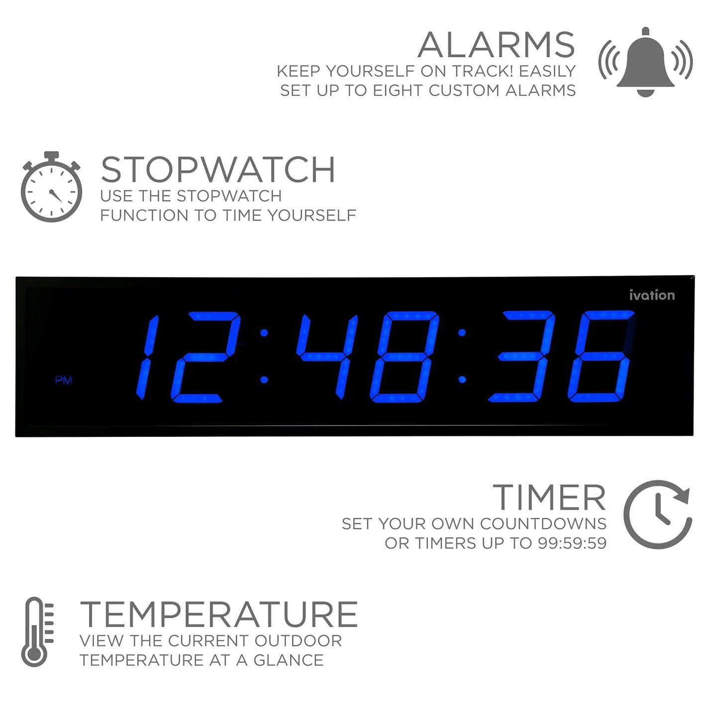 Ivation Large Digital Clock, 36" Led Wall Clock with Stopwatch, Alarms, Timer, Temp & Remote