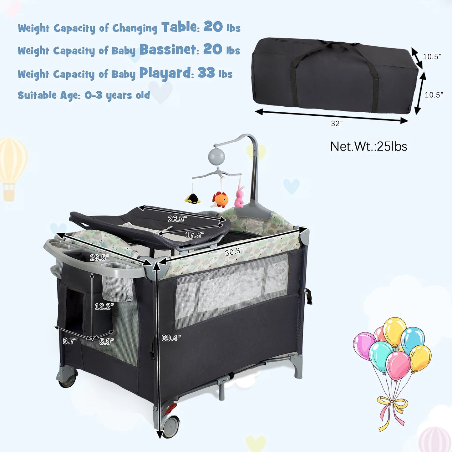 Pack n Play,Playard Bassinet with Changing Table Lockable Wheels Music Box Pack and Play Foldable Playard for Infant to Toddler by S And B Enterprise