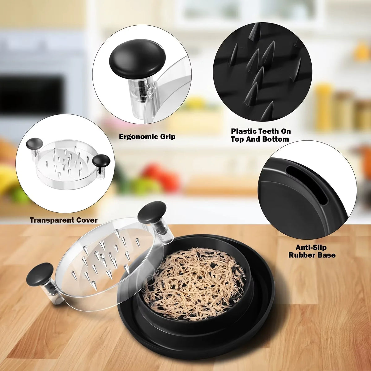 S And B Enterprise chicken shredder with ergonomic grip, transparent cover, plastic teeth, and anti-slip base.
