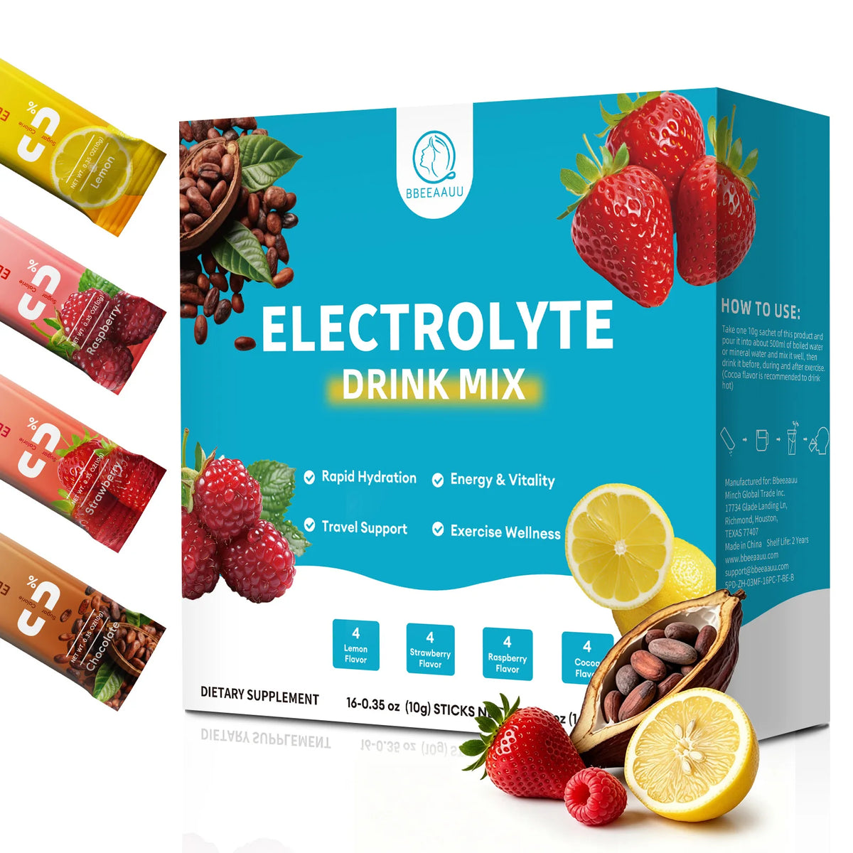 BBEEAAUU Electrolyte Drink Mix box in blue with lemon, strawberry, raspberry and cocoa flavors; 4 flavors.