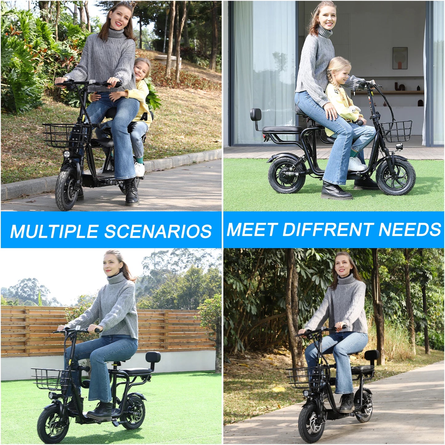 S And B Enterprise electric scooter with adjustable seat, black finish, front basket for adults