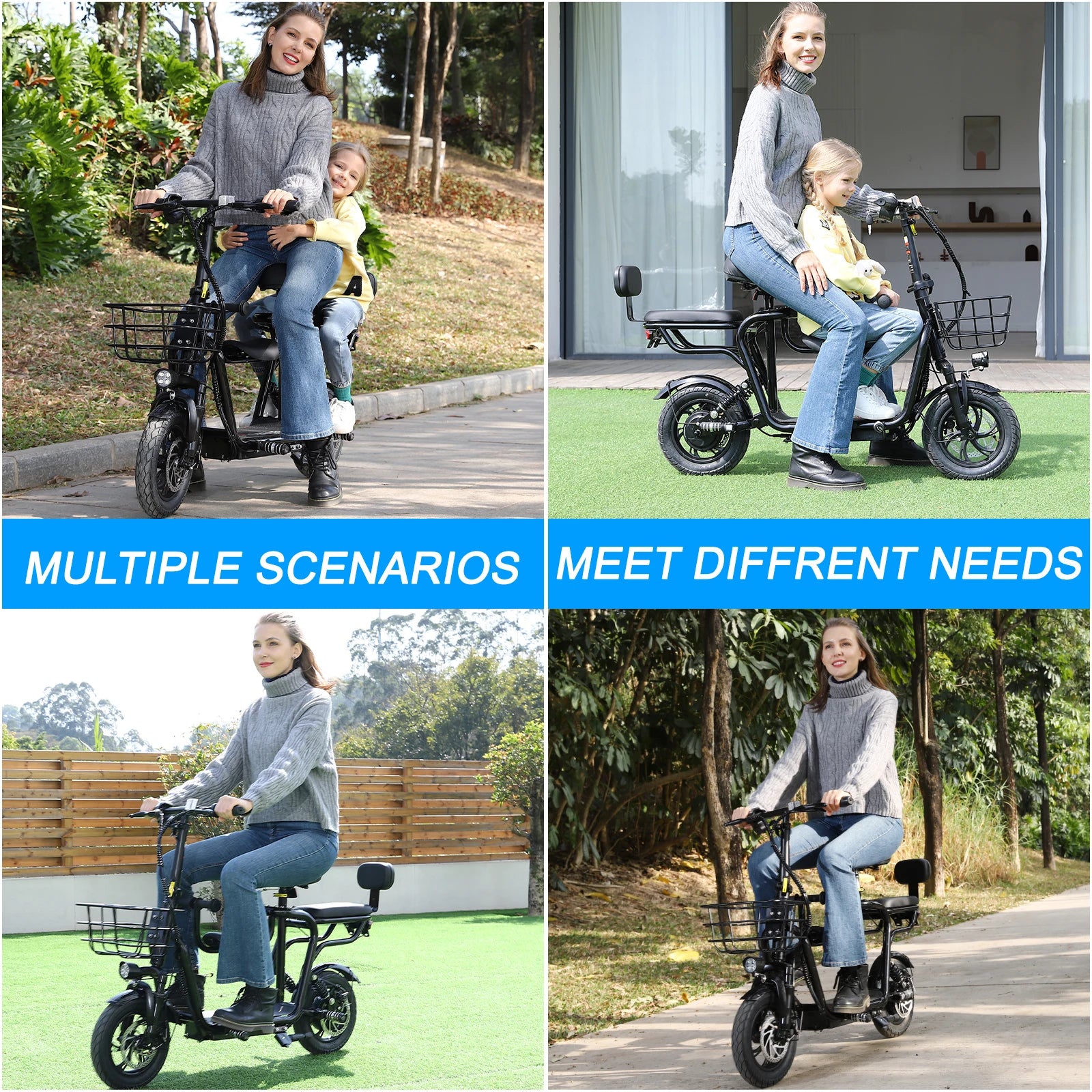 S And B Enterprise electric scooter with adjustable seat, black finish, front basket for adults