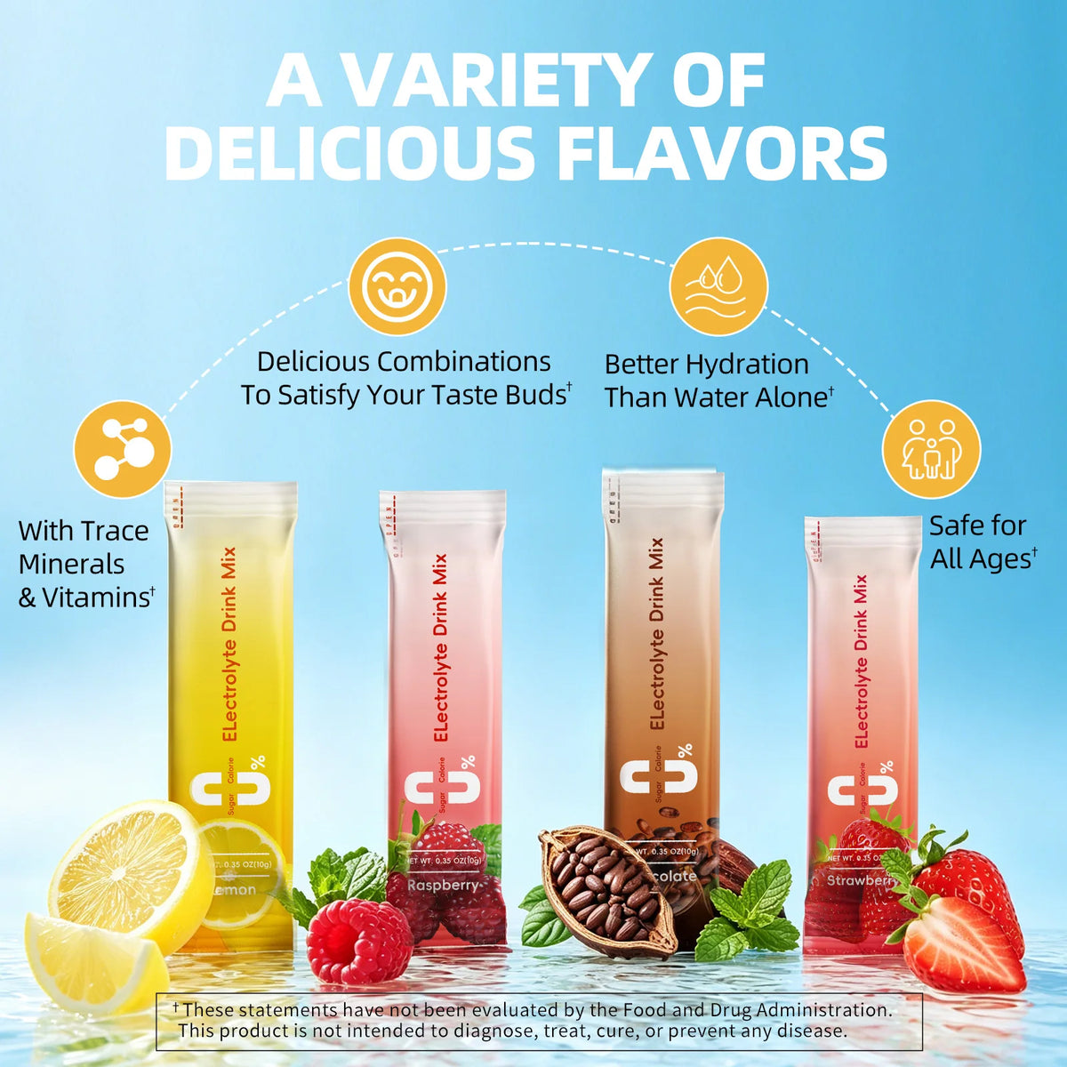 BBEEAAUU electrolyte drink mix pouches, 4 flavors lemon, raspberry, chocolate, strawberry, 0 sugar, S And B Enterprise