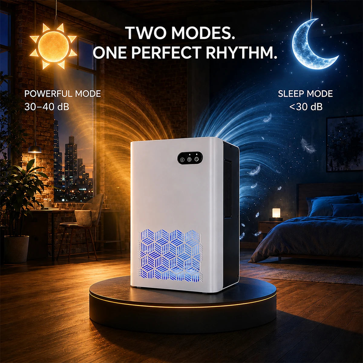 Quiet portable dehumidifier, white with blue honeycomb vent, two modes shown: powerful and sleep