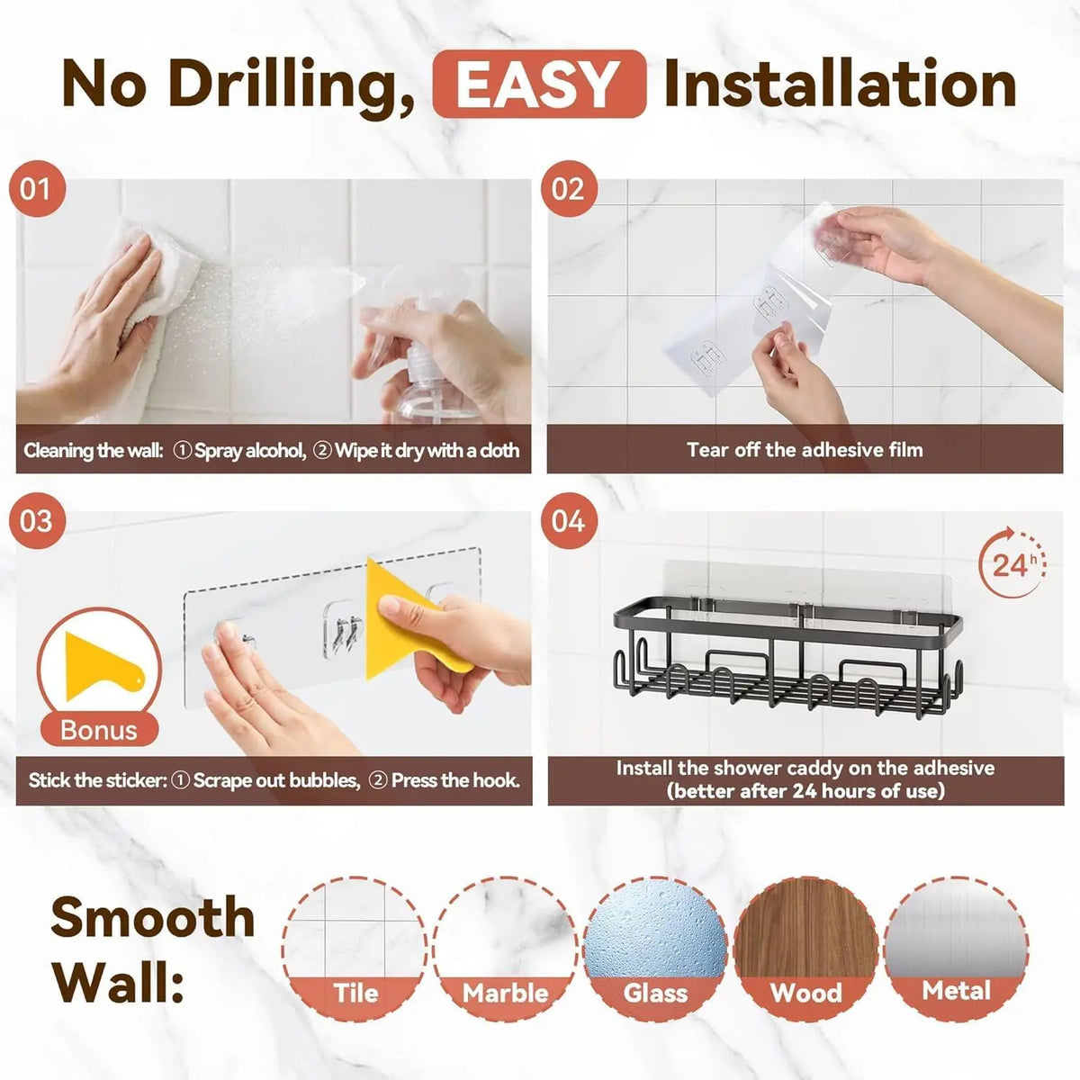 No Drill 304 Stainless Steel Shower Caddy by S And B Enterprise; adhesive wall-mount rust-proof organizer with hooks