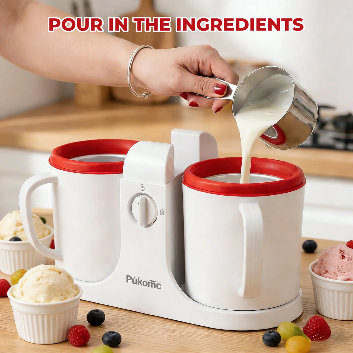 S And B Enterprise Sumetas ice cream and popsicle maker dual‑cup, white with red rims; hand pours mix into cups.