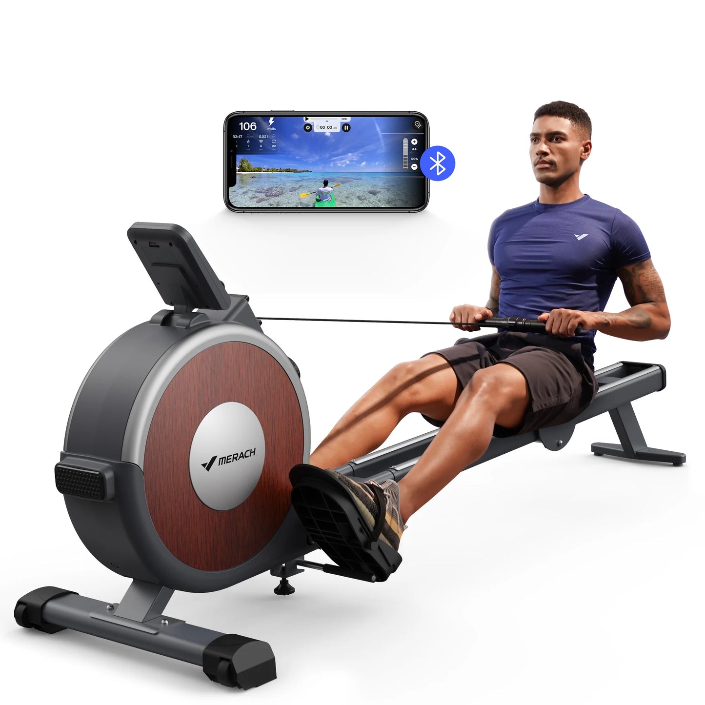 MERACH magnetic rowing machine with dark gray frame and wood-grain flywheel in use.
