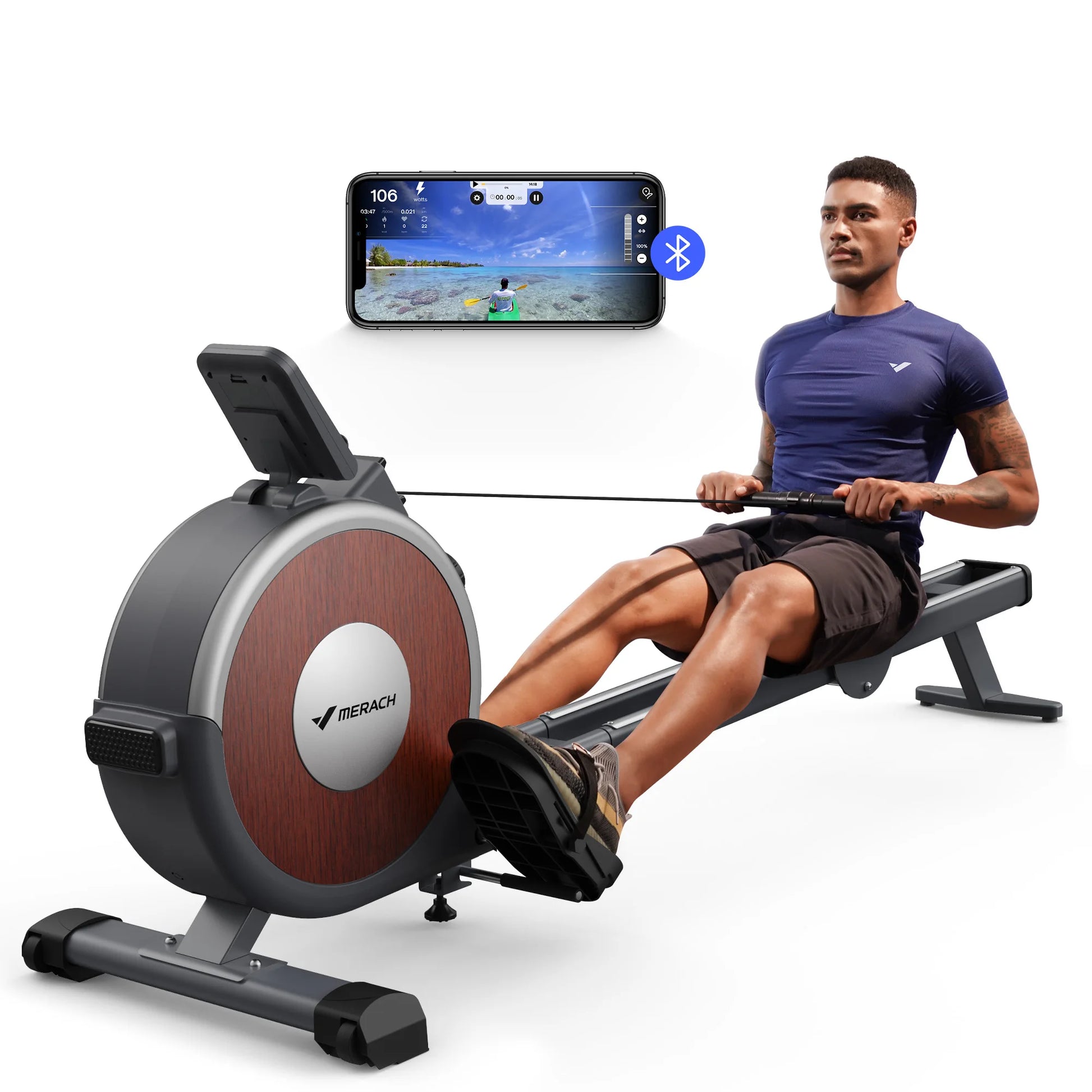 MERACH magnetic rowing machine with dark gray frame and wood-grain flywheel in use.
