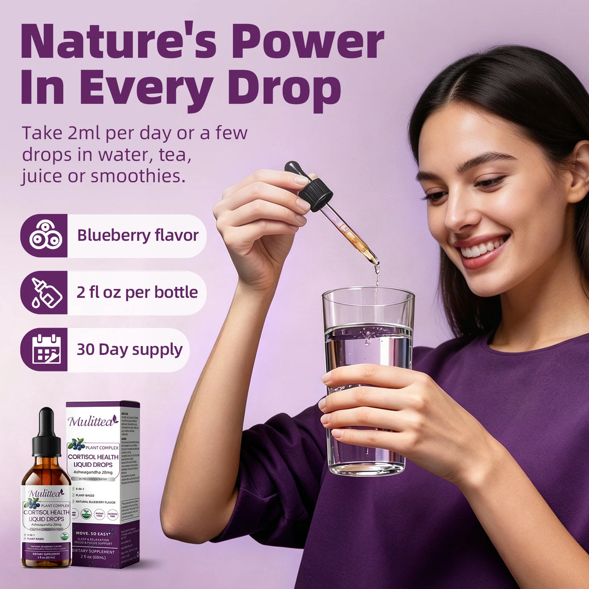 Mulittea Plant Complex Cortisol Health Drops bottle and box, blueberry flavor, 2 fl oz, S And B Enterprise